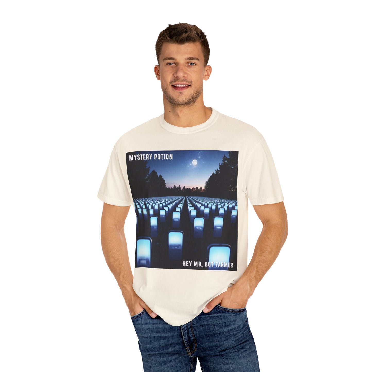 Mystery Potion "Hey Mr. Bot Farmer" Graphic T-Shirt, Unisex Vintage Tee, Perfect for Music Festivals, Casual Wear, Gifts for Him/Her