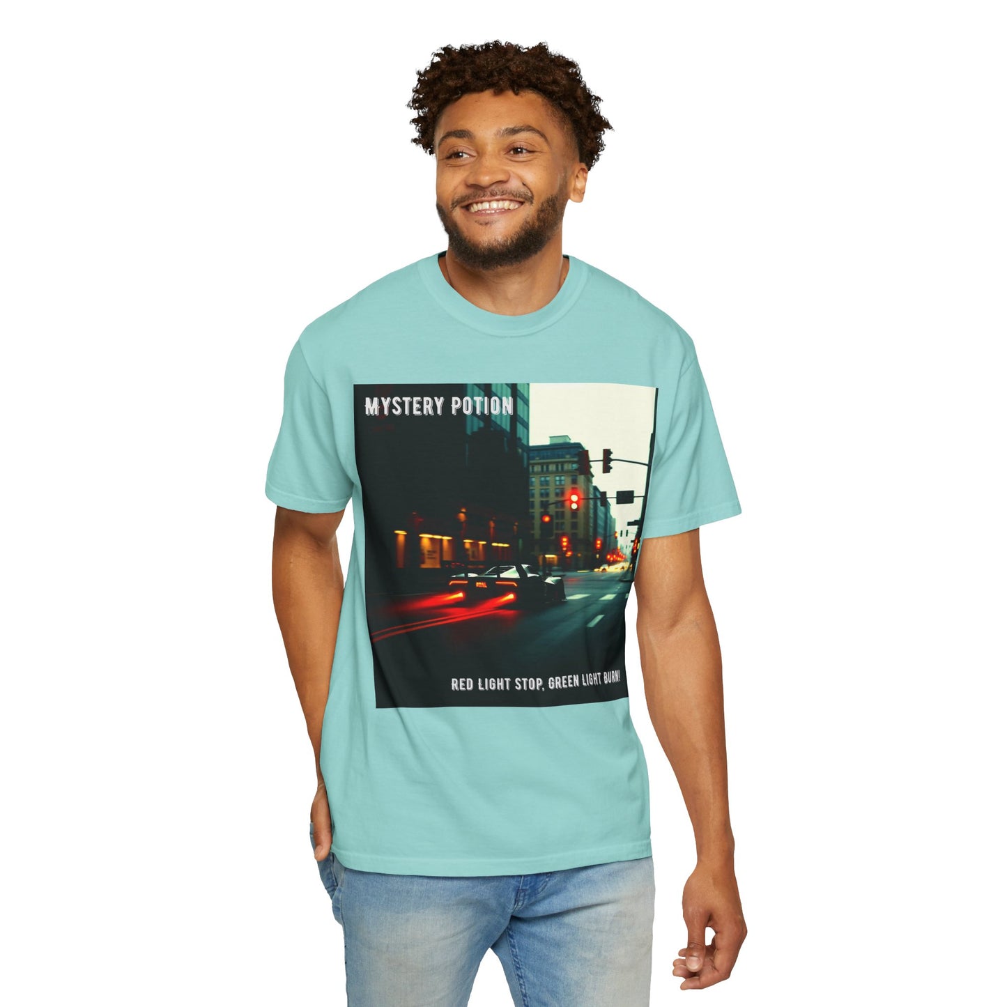 'Red Light Stop, Green Light Burn' by Mystery Potion Urban Vibe T-Shirt, Street Art T-Shirt, Fashion Tee, Gift for Art Lovers, Unisex Cotton Shirt, Unique Graphic Tee