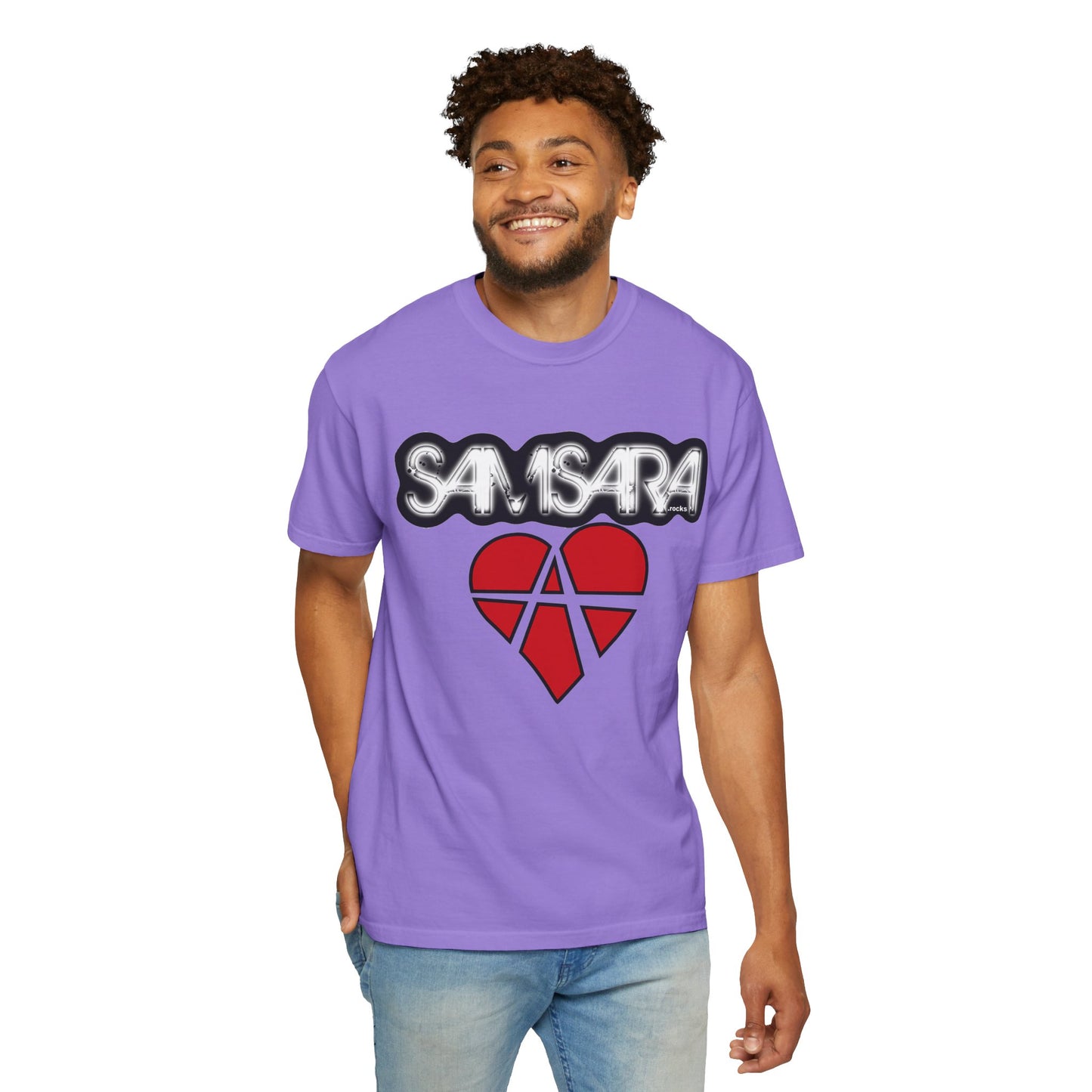 'Samsara Rocks' Logo, Love and Anarchy Graphic Tee | Unisex Garment-Dyed T-Shirt, Casual Fashion, Heart Design, Streetwear, Gift for Him/Her