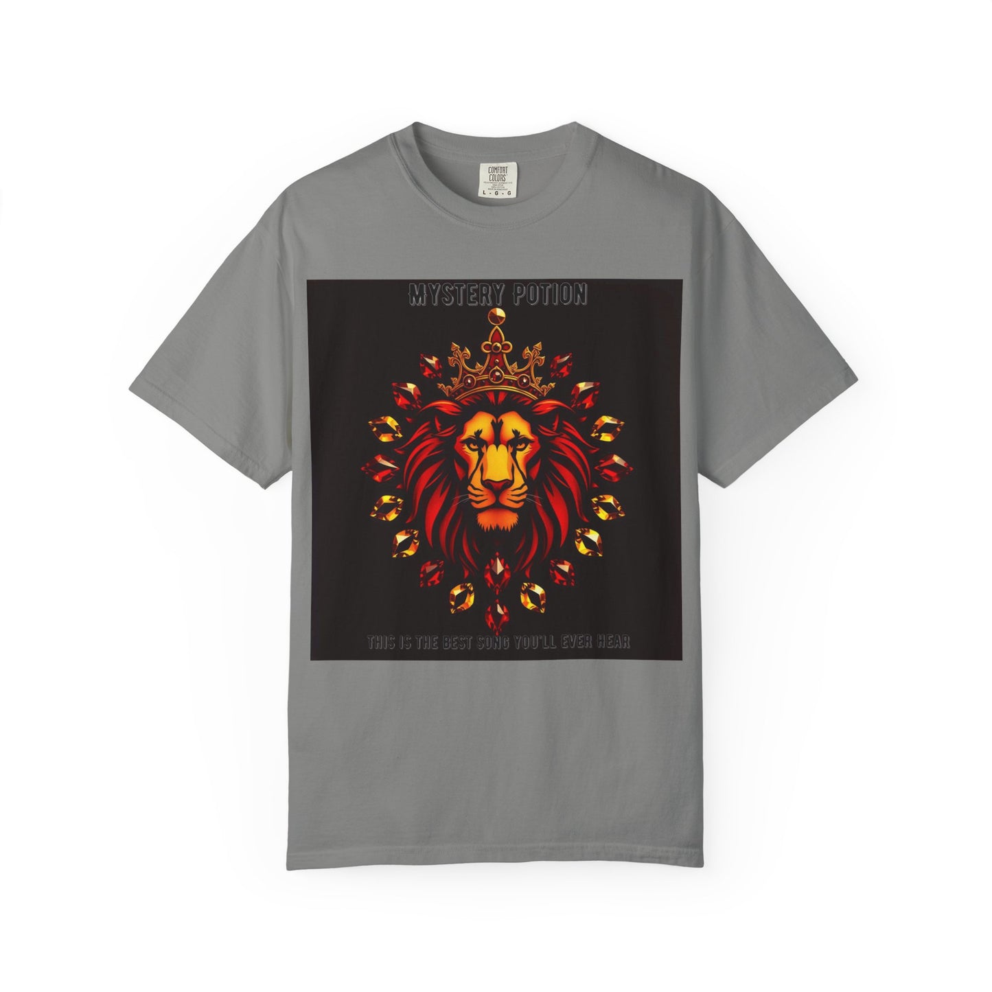 'This Is The Best Song You'll Ever Hear' by Mystery Potion, Bold Graphic Royal Lion T-Shirt, Unisex Tee, Streetwear Style, Gift for Lion Lovers, Perfect for Casual Outings, Unique Clothing