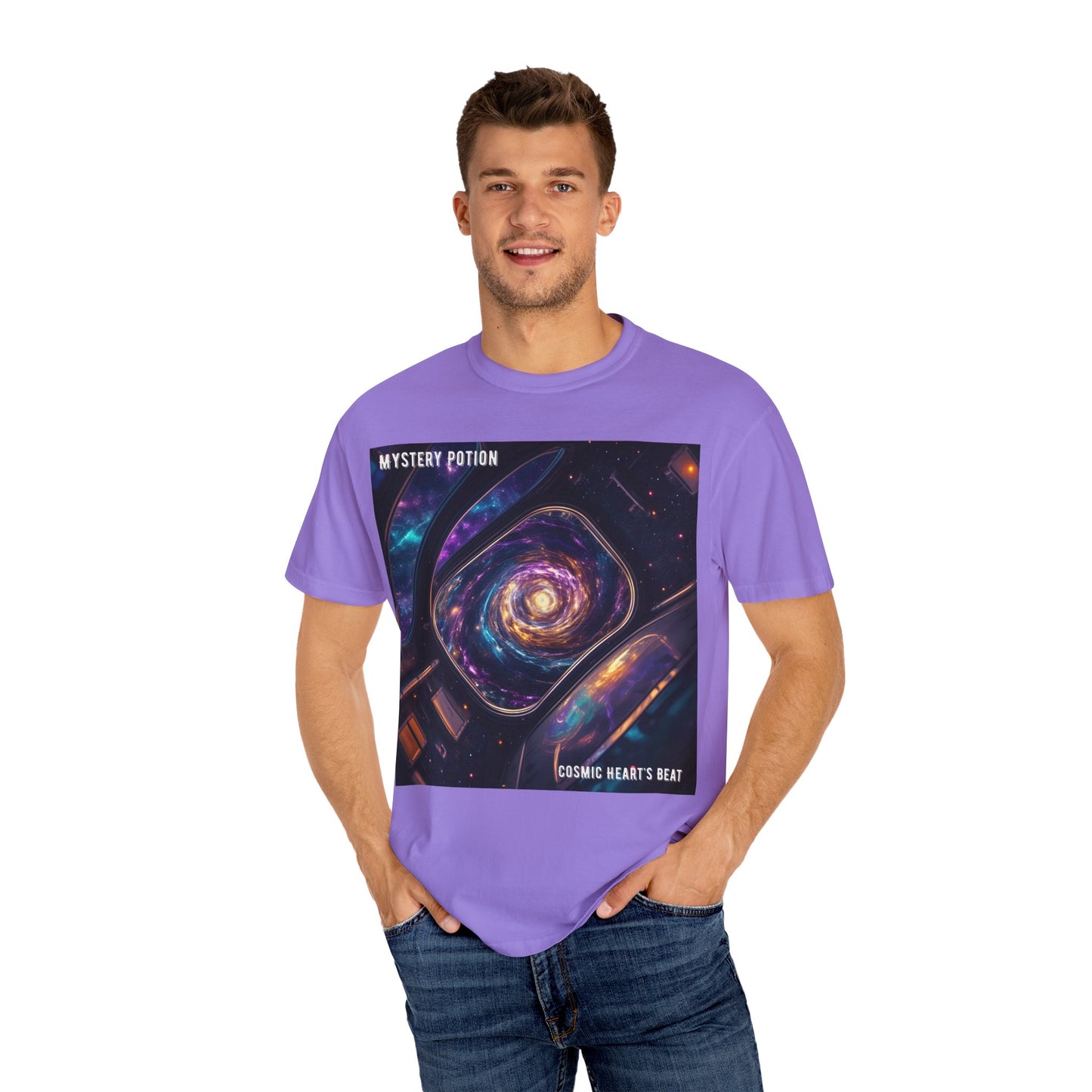 Cosmic Themed Mystery Potion Unisex Garment-Dyed T-shirt, Mystical Tee, Galaxy Shirt, Space Art Apparel, Unique Gift for Event Horizon Stargazers