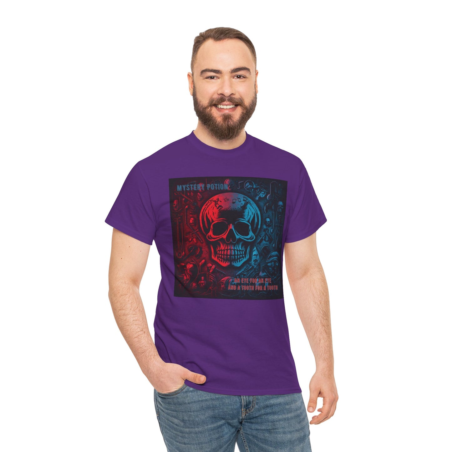 An Eye For An Eye And A Tooth For A Tooth by Mystery Potion, Stylish Skull Graphic Tee - Perfect for Halloween, Casual Wear, Music Festivals, Unique Gift, Unisex Heavy Cotton Shirt