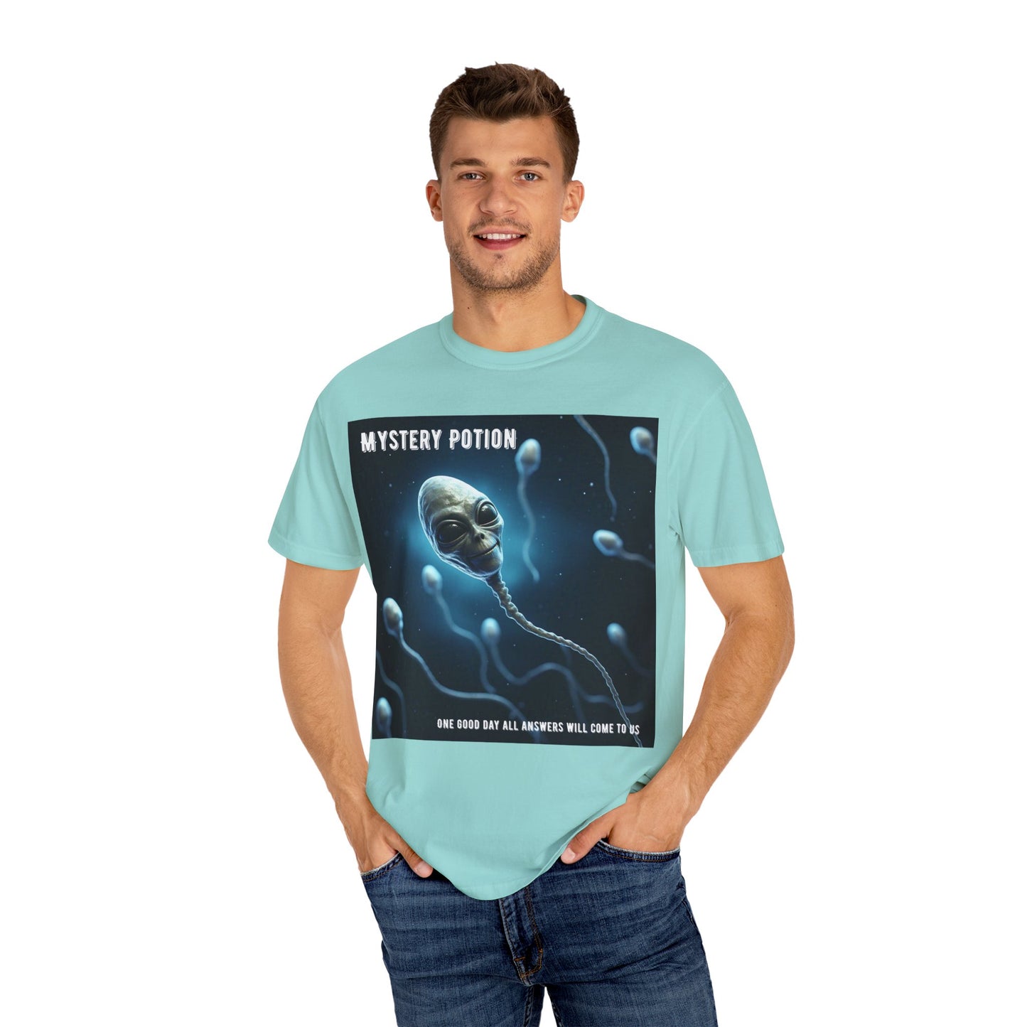 'One Good Day All Answers Will Come To Us' by Mystery Potion, Alien Sperm Tee, Unisex Graphic T-Shirt, Fun Gift for Space Lovers, Cool Casual Wear, Sci-Fi Fashion, Unique Statement Piece