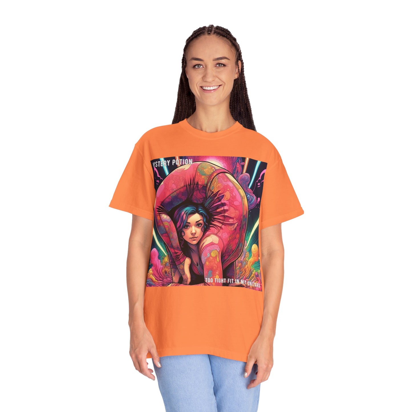 Mystery Potion Extreme Yoga Pose Unisex Garment-Dyed T-shirt, Artistic Tee, Vibrant Graphic Shirt, Unique Gift, Festival Wear, Comfortable Casual Top