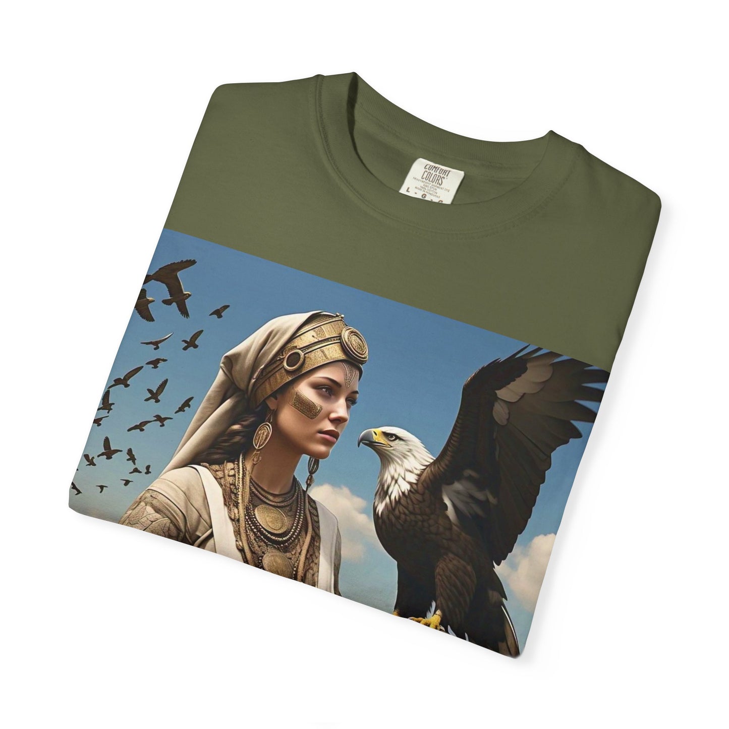 Empowered Eagle and Scythian Woman T-Shirt, Unisex Garment-Dyed Tee, Nature Lover Shirt, Gift for Bird Enthusiasts, Unique Graphic Tee