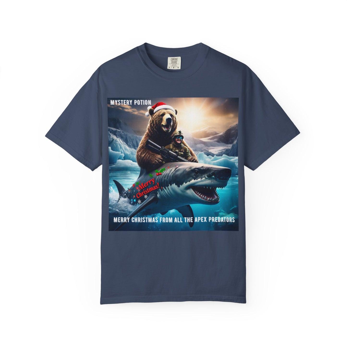 X-mas Humor T-Shirt "Merry Christmas from All the Apex Predators", Unisex Garment-Dyed Tee, Funny Holiday Shirt, Gift for Friends, Outdoor Adventure Wear, Novelty Apparel