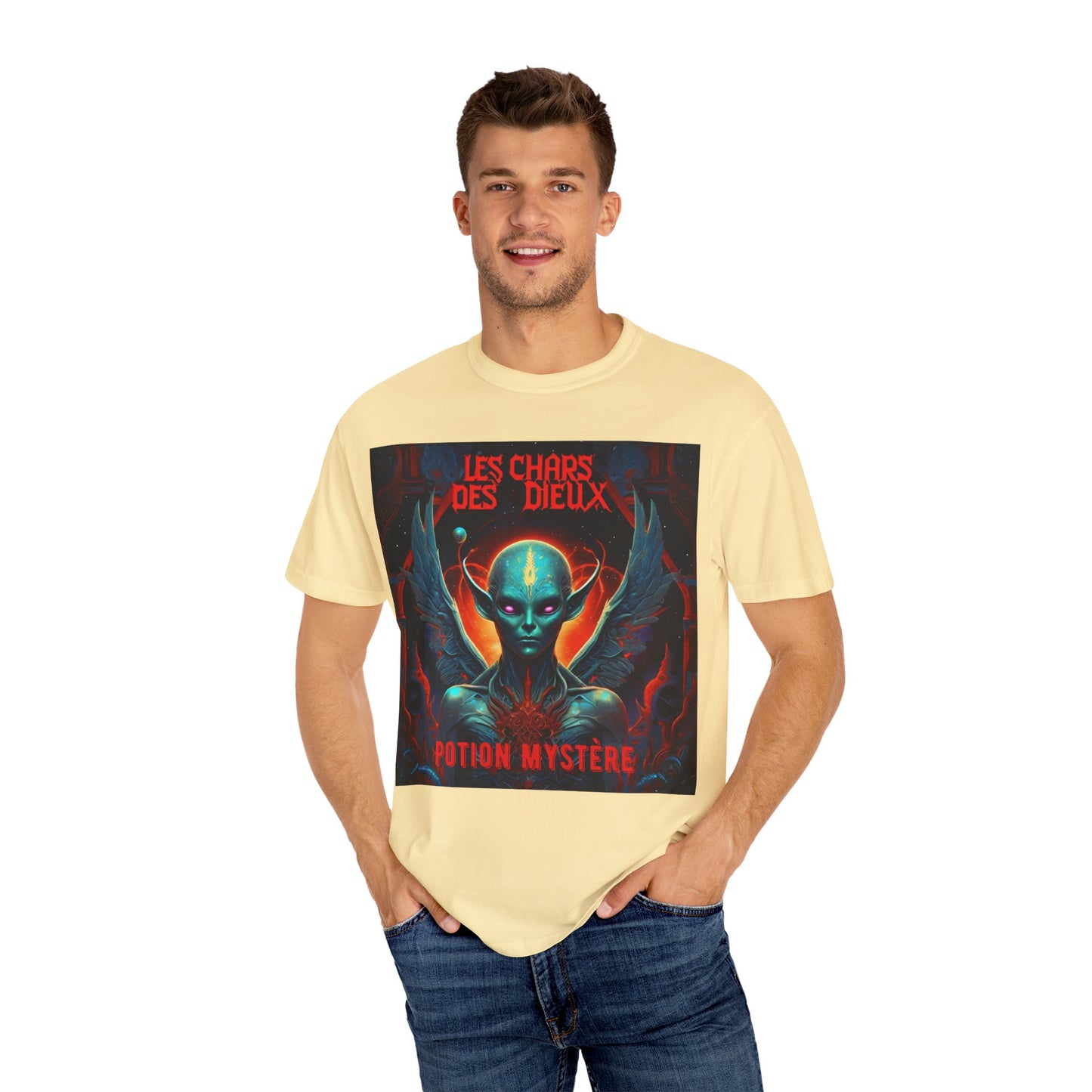 'Les Chars des Dieux' par Potion Mystère, Mystical Alien Graphic T-Shirt | Unisex Tee for Sci-Fi Lovers, Unique Gift for Halloween, Cosmic Vibes, Statement Shirt, Trendy Fashion