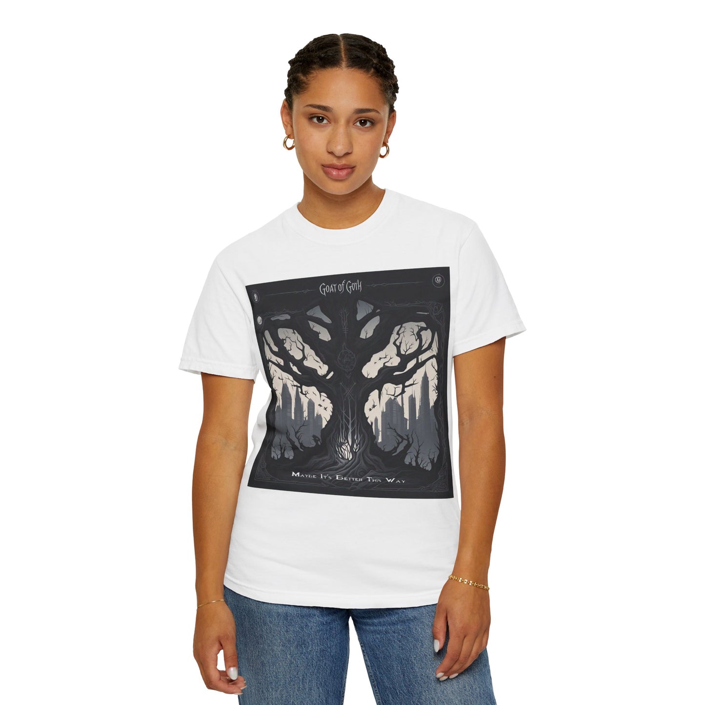 Gothic Tree T-Shirt, GOAT of Goth Unisex Cotton Tee for Nature Lovers, Unique Graphic Tee, Perfect for Festivals, Gift for Adventurers, Eco-Friendly Wear