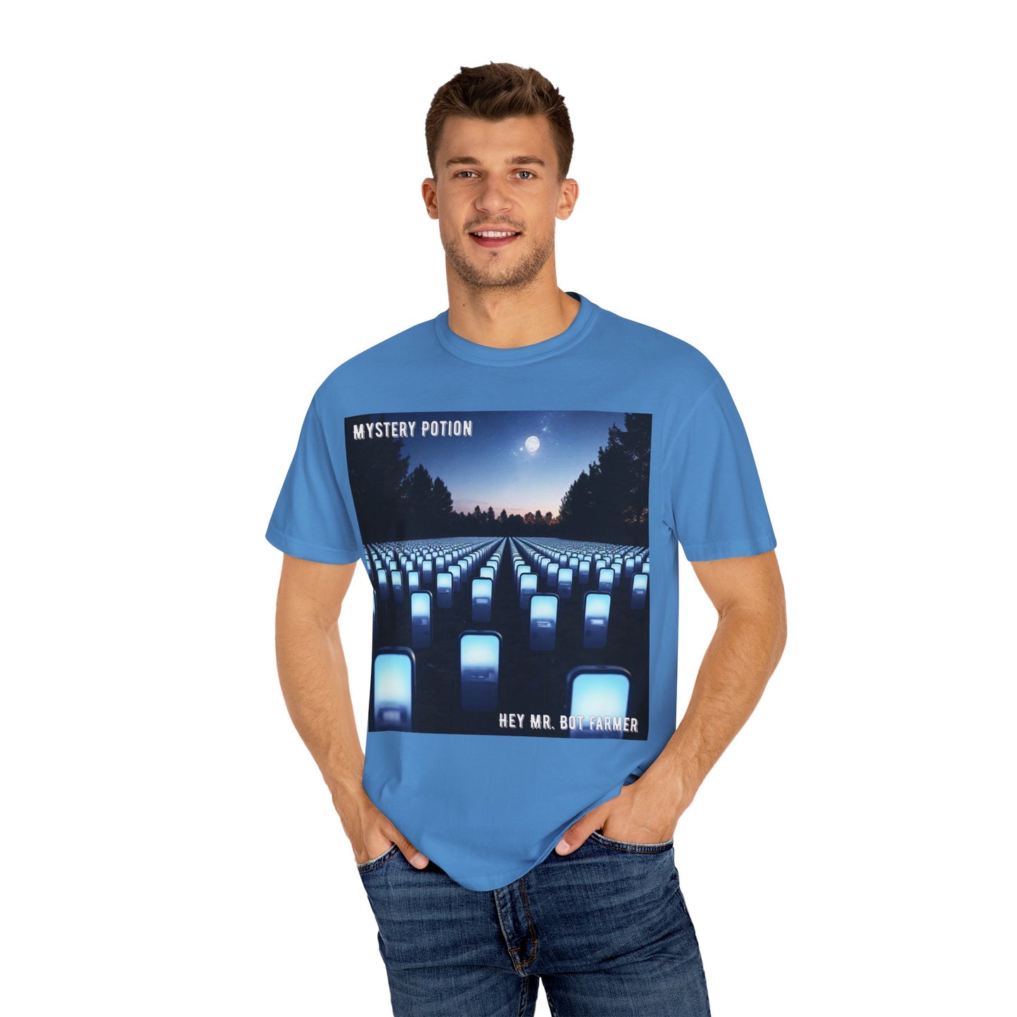 Mystery Potion "Hey Mr. Bot Farmer" Graphic T-Shirt, Unisex Vintage Tee, Perfect for Music Festivals, Casual Wear, Gifts for Him/Her
