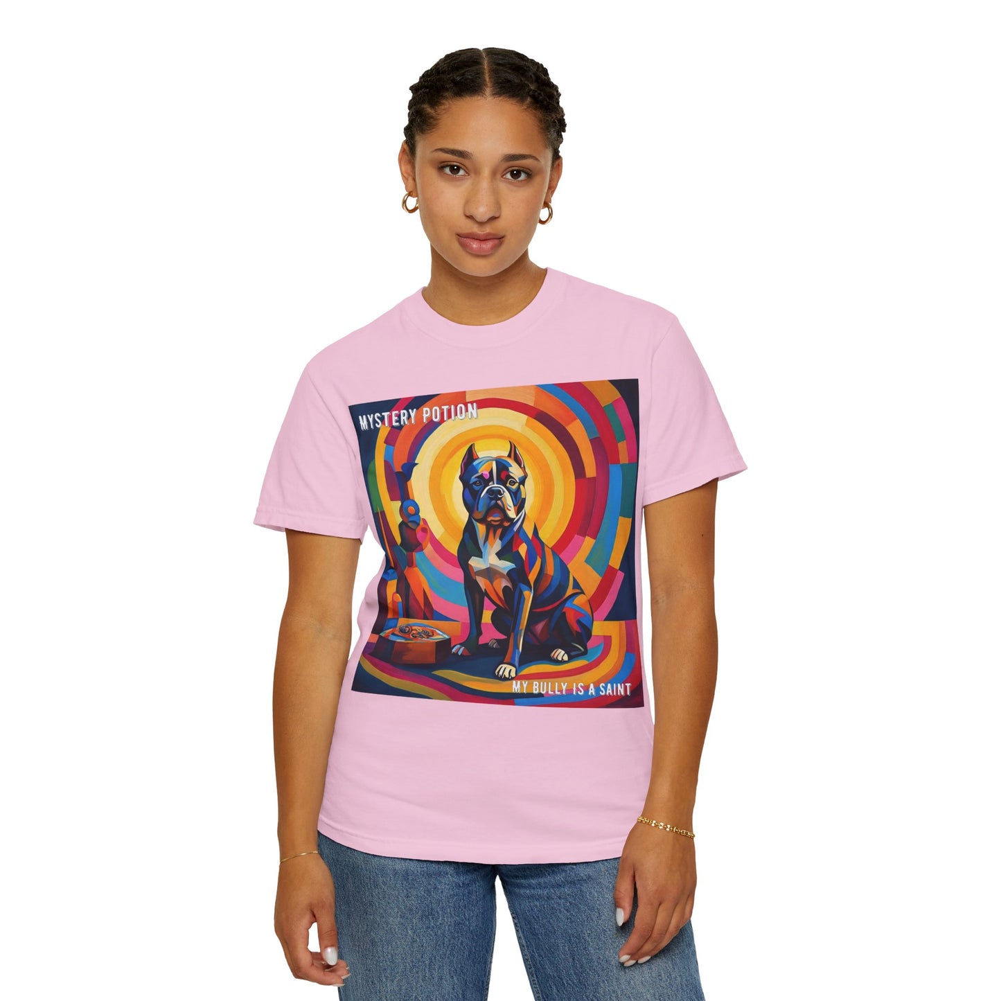 'My Bully Is A Saint' by Mystery Potion Colorful Dog Art T-shirt, Unisex Graphic Tee by Mystery Potion, Perfect for Pet Lovers, Comfy Casual Wear, Great Gift for Dog Lovers