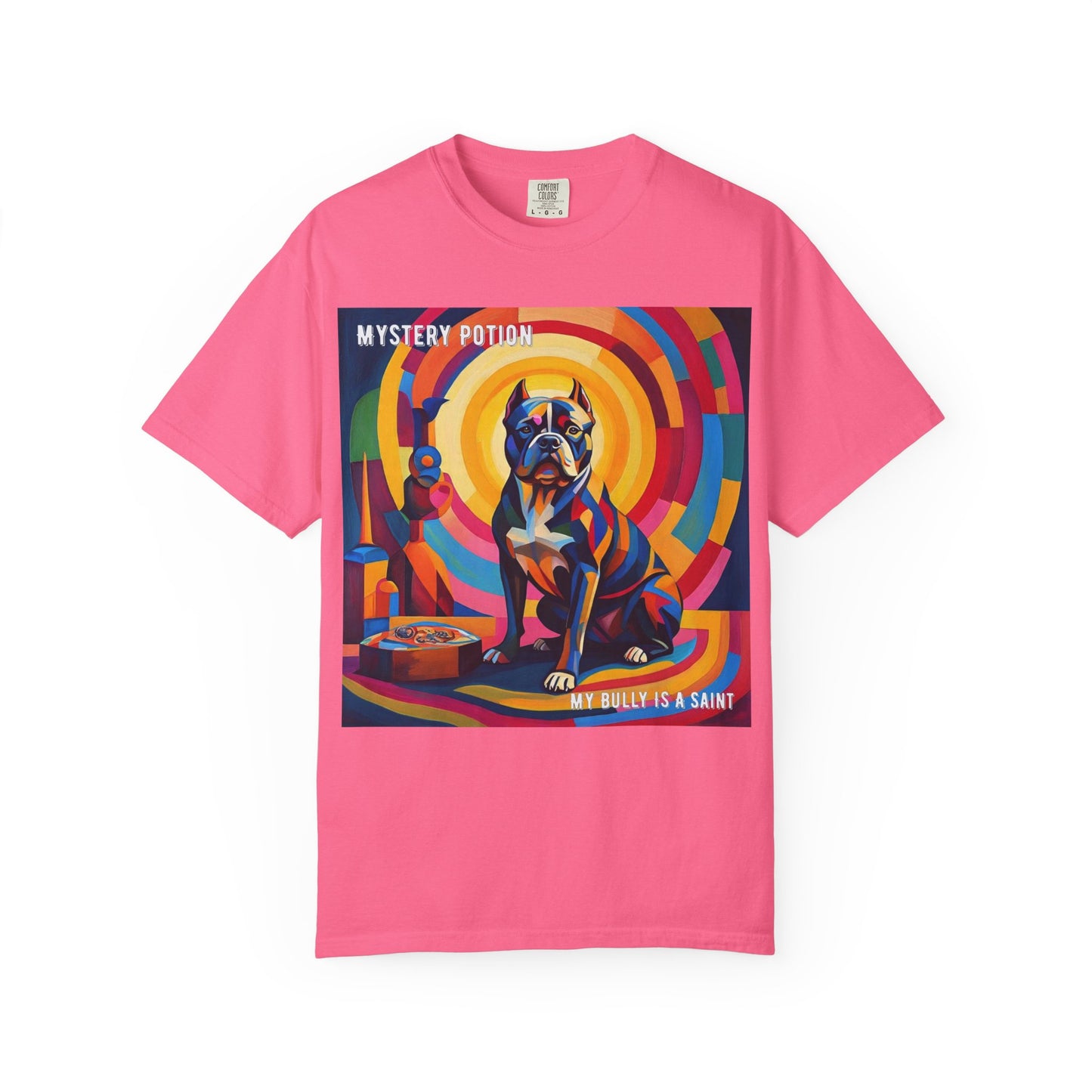 'My Bully Is A Saint' by Mystery Potion Colorful Dog Art T-shirt, Unisex Graphic Tee by Mystery Potion, Perfect for Pet Lovers, Comfy Casual Wear, Great Gift for Dog Lovers