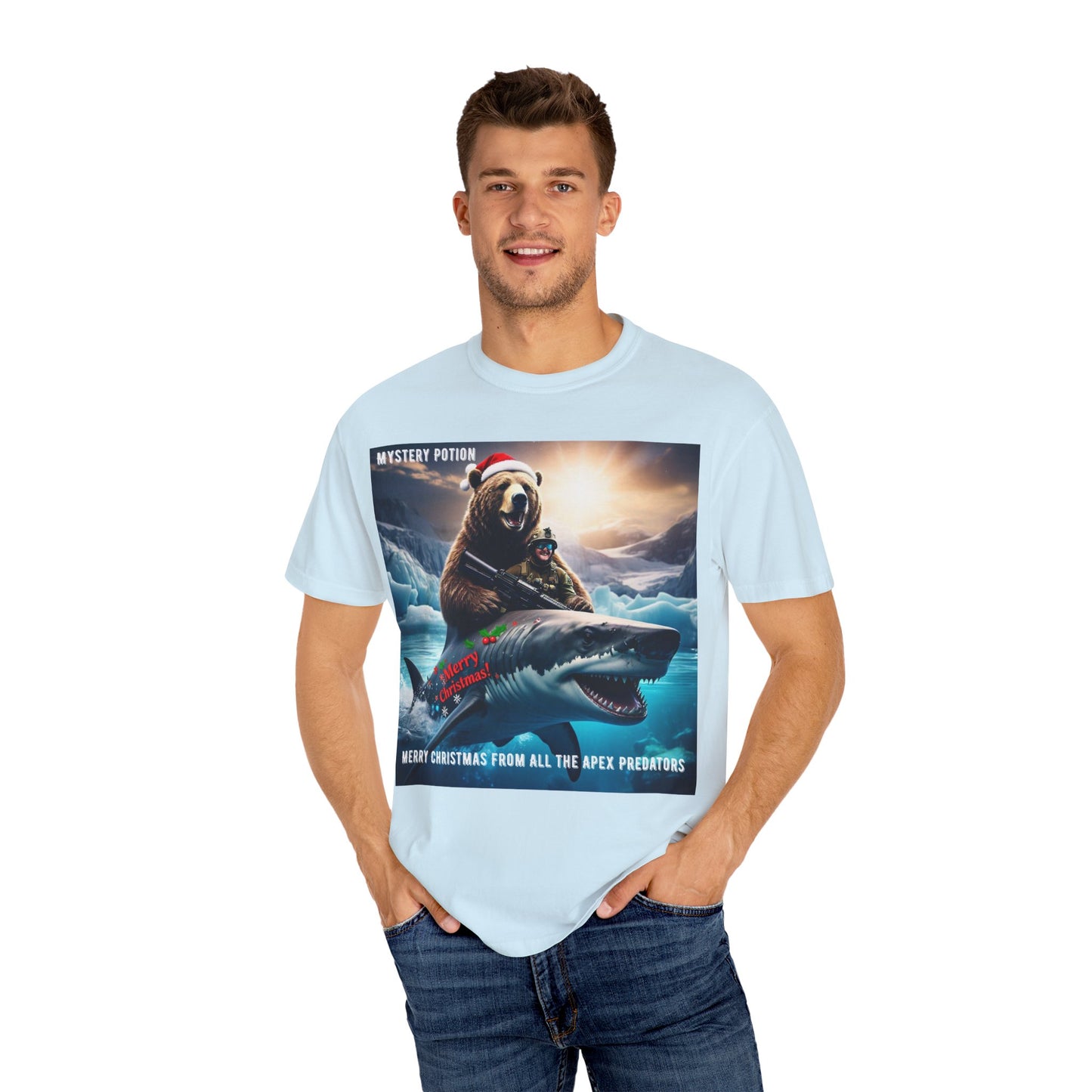 X-mas Humor T-Shirt "Merry Christmas from All the Apex Predators", Unisex Garment-Dyed Tee, Funny Holiday Shirt, Gift for Friends, Outdoor Adventure Wear, Novelty Apparel