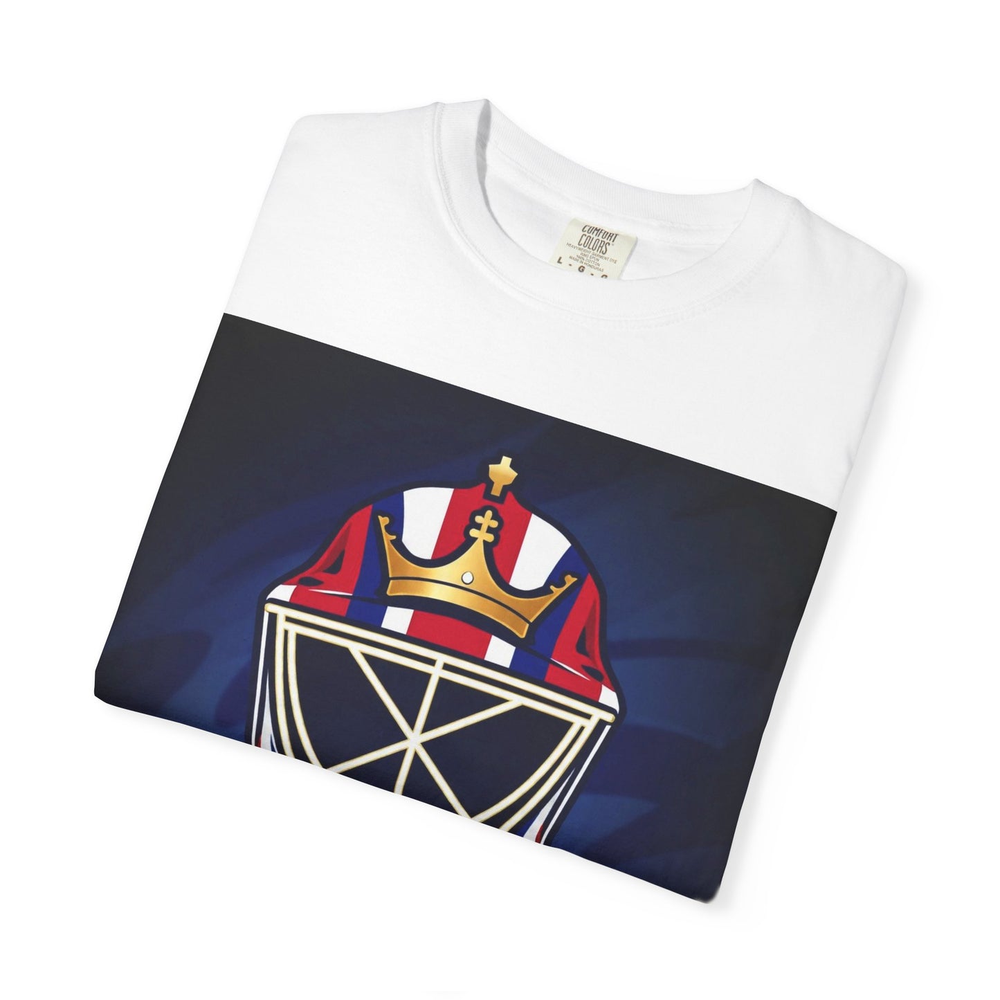 Regal Crown Goalie Mask Graphic T-shirt, Unisex Fashion Tee, Red, White and Blue Casual Wear, Gift for Her/Him, Summer Style, Graphic Apparel, Streetwear