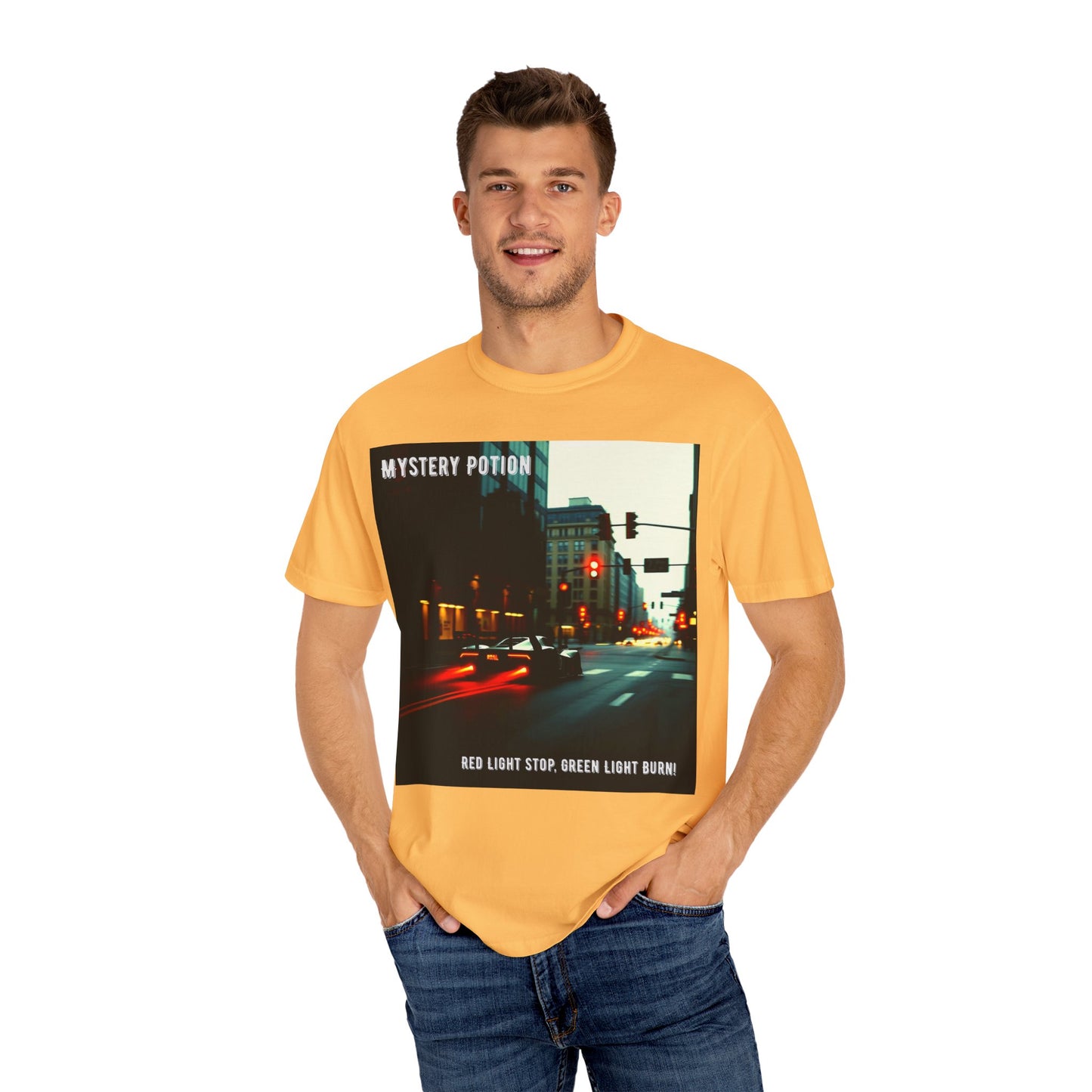 'Red Light Stop, Green Light Burn' by Mystery Potion Urban Vibe T-Shirt, Street Art T-Shirt, Fashion Tee, Gift for Art Lovers, Unisex Cotton Shirt, Unique Graphic Tee