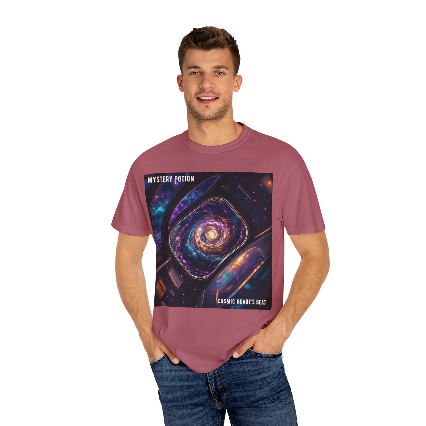 Cosmic Themed Mystery Potion Unisex Garment-Dyed T-shirt, Mystical Tee, Galaxy Shirt, Space Art Apparel, Unique Gift for Event Horizon Stargazers
