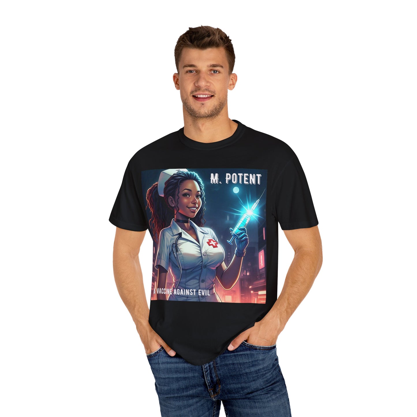 M. Potent's 'A Vaccine Against Evil', Medicine-Themed Unisex T-Shirt, Positive Vibes, Great for Nurses, Vaccination Awareness, Gift for Healthcare Workers