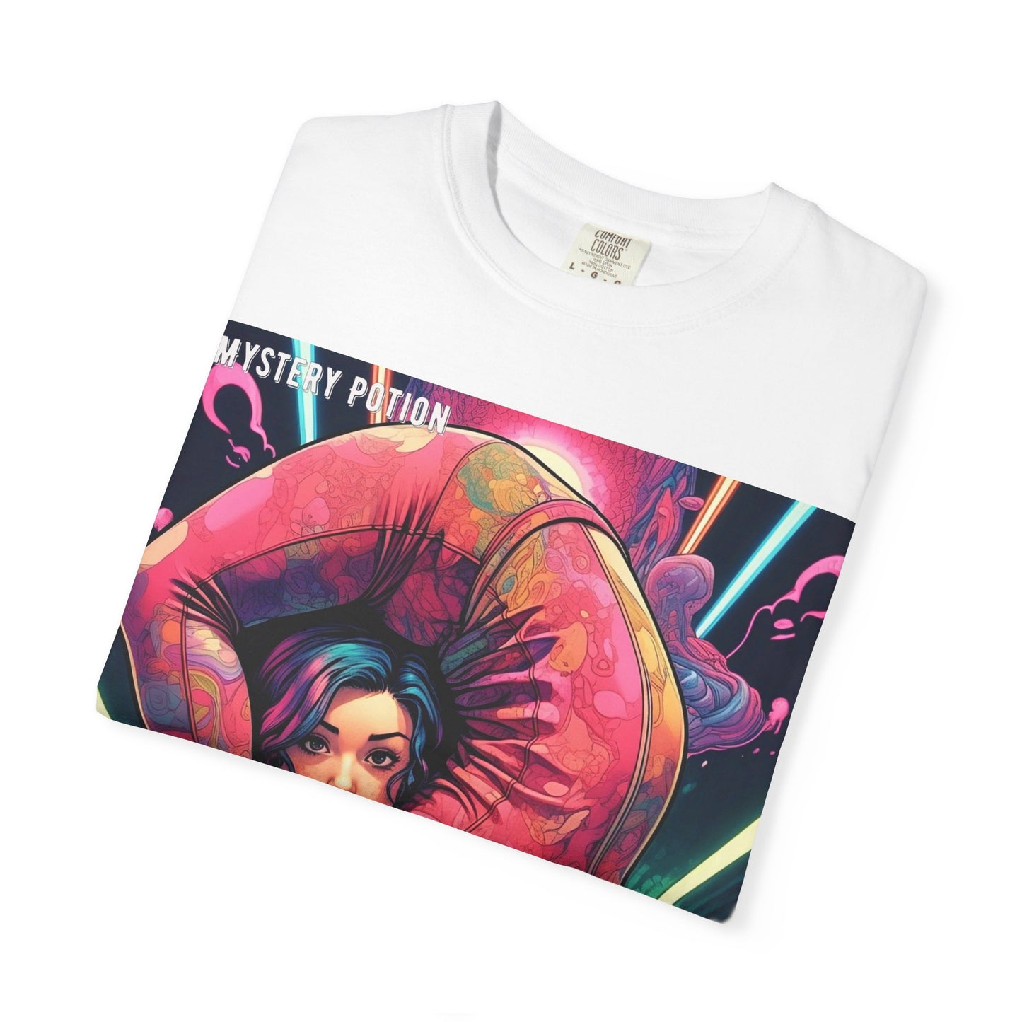 Mystery Potion Extreme Yoga Pose Unisex Garment-Dyed T-shirt, Artistic Tee, Vibrant Graphic Shirt, Unique Gift, Festival Wear, Comfortable Casual Top