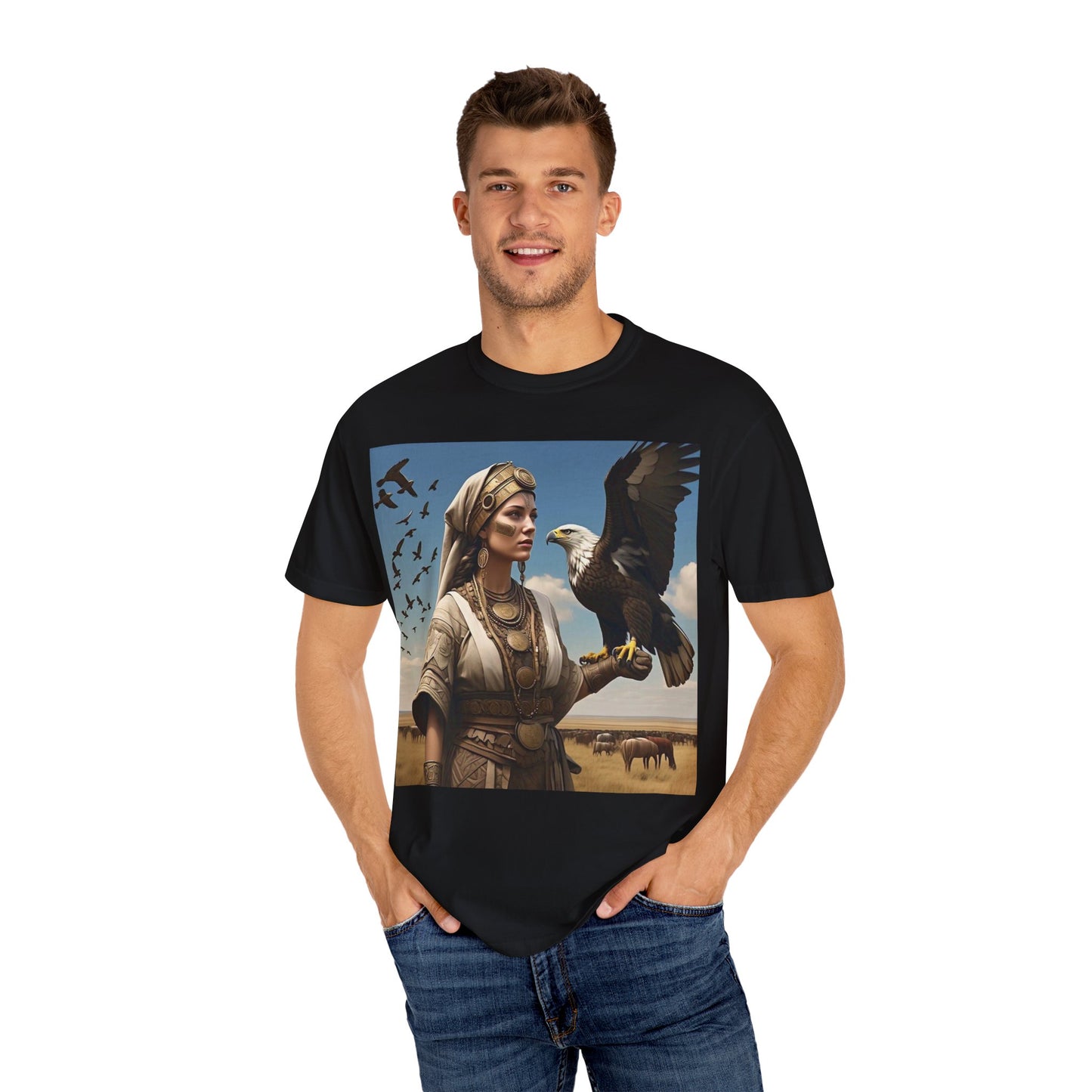 Empowered Eagle and Scythian Woman T-Shirt, Unisex Garment-Dyed Tee, Nature Lover Shirt, Gift for Bird Enthusiasts, Unique Graphic Tee