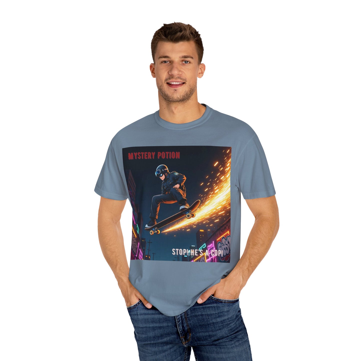 'Stop! He's A Cop!' by Mystery Potion, Skateboard Hardcore Punk T-shirt, Cozy Graphic Tee, Perfect Gift for Skaters, Unisex Streetwear Shirt, Trendy Casual Wear
