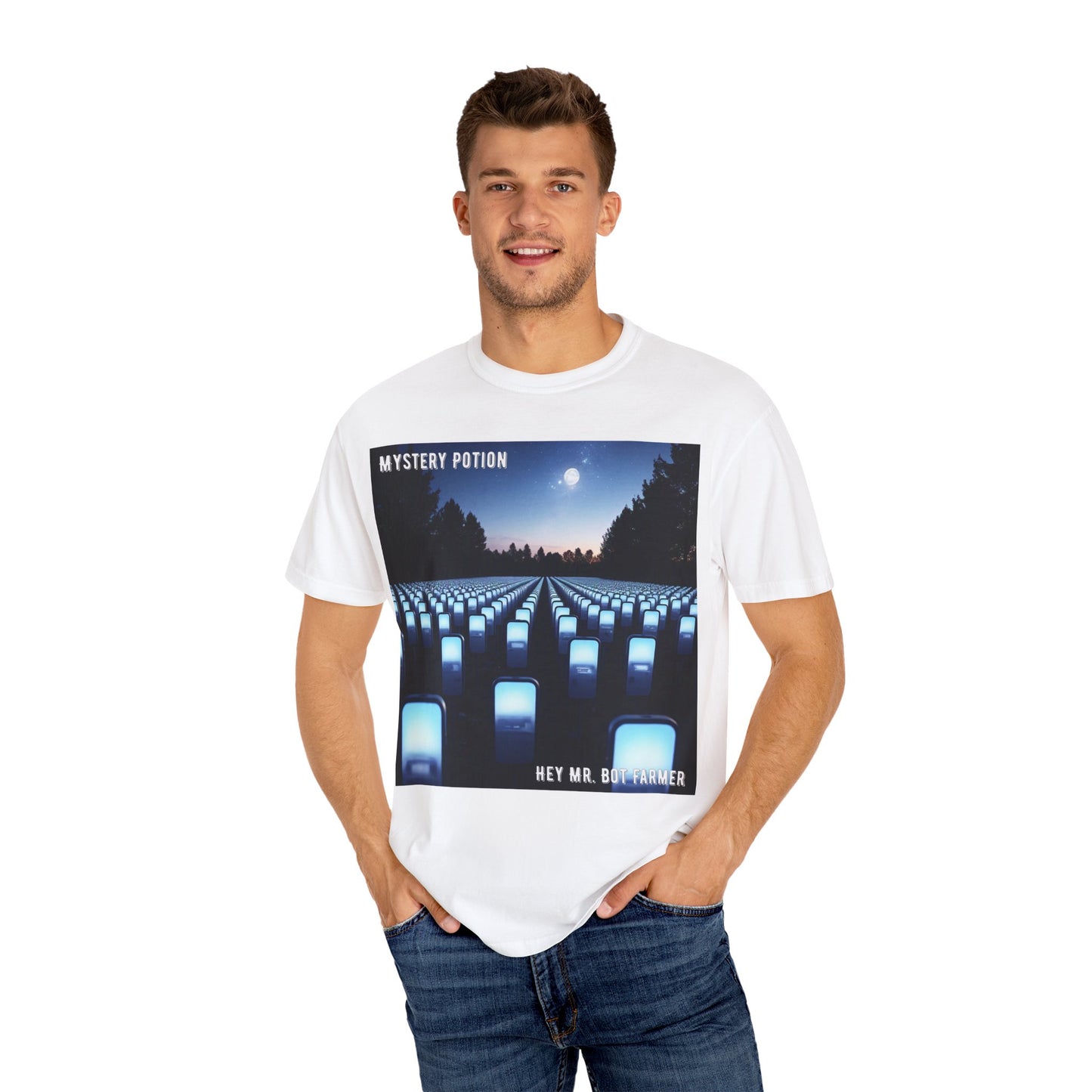 Mystery Potion "Hey Mr. Bot Farmer" Graphic T-Shirt, Unisex Vintage Tee, Perfect for Music Festivals, Casual Wear, Gifts for Him/Her