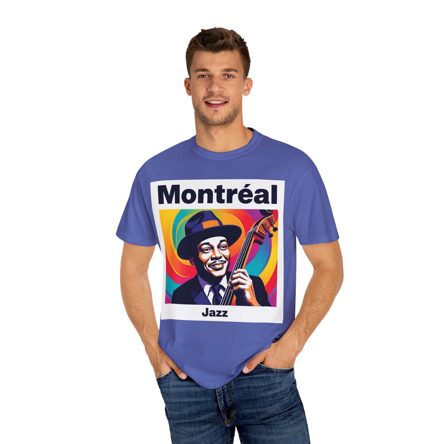 Vibrant Jazz T-Shirt with Montréal Design | Unisex Garment-Dyed Tee for Music Lovers, Concerts, Festivals, Gift Idea, Casual Wear