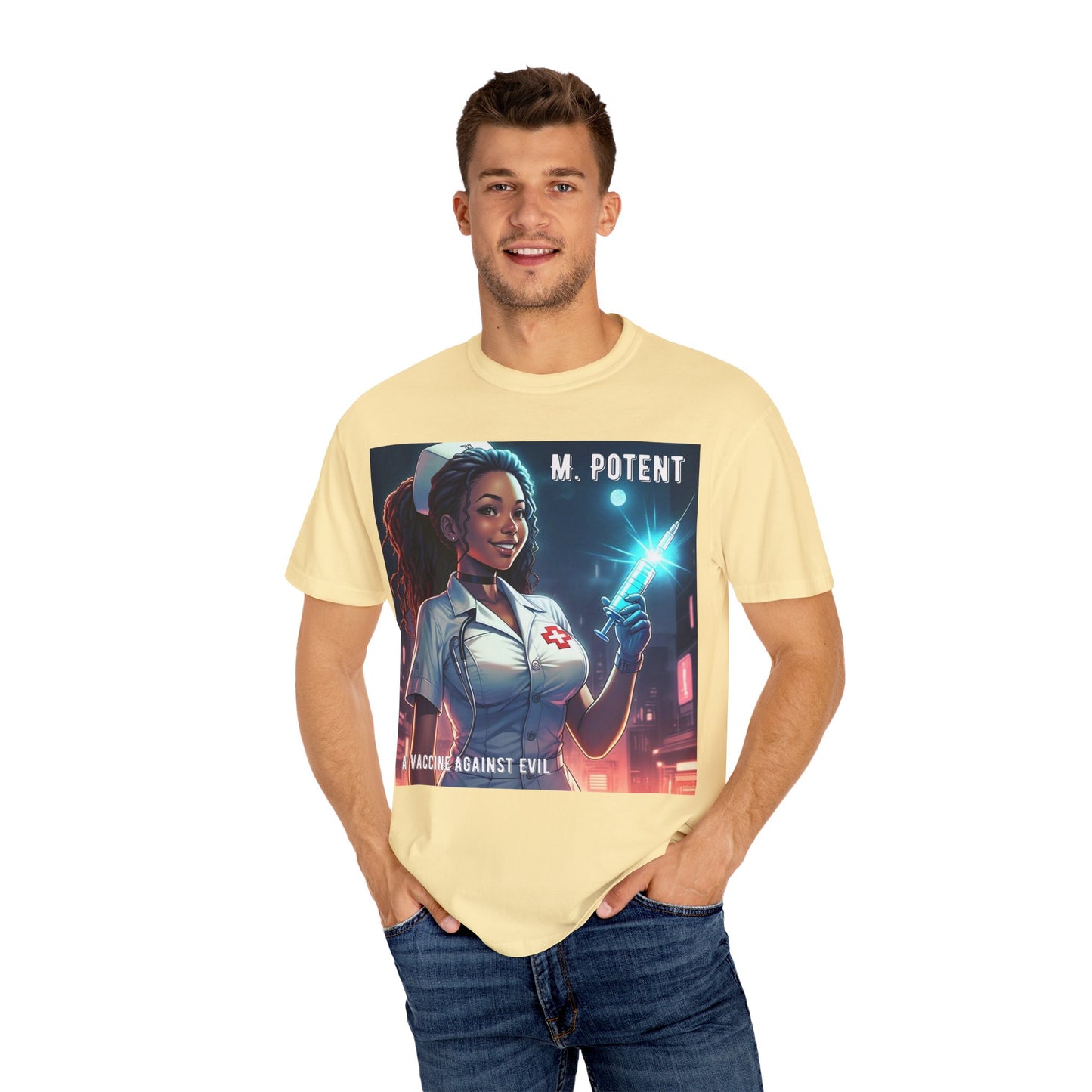 M. Potent's 'A Vaccine Against Evil', Medicine-Themed Unisex T-Shirt, Positive Vibes, Great for Nurses, Vaccination Awareness, Gift for Healthcare Workers
