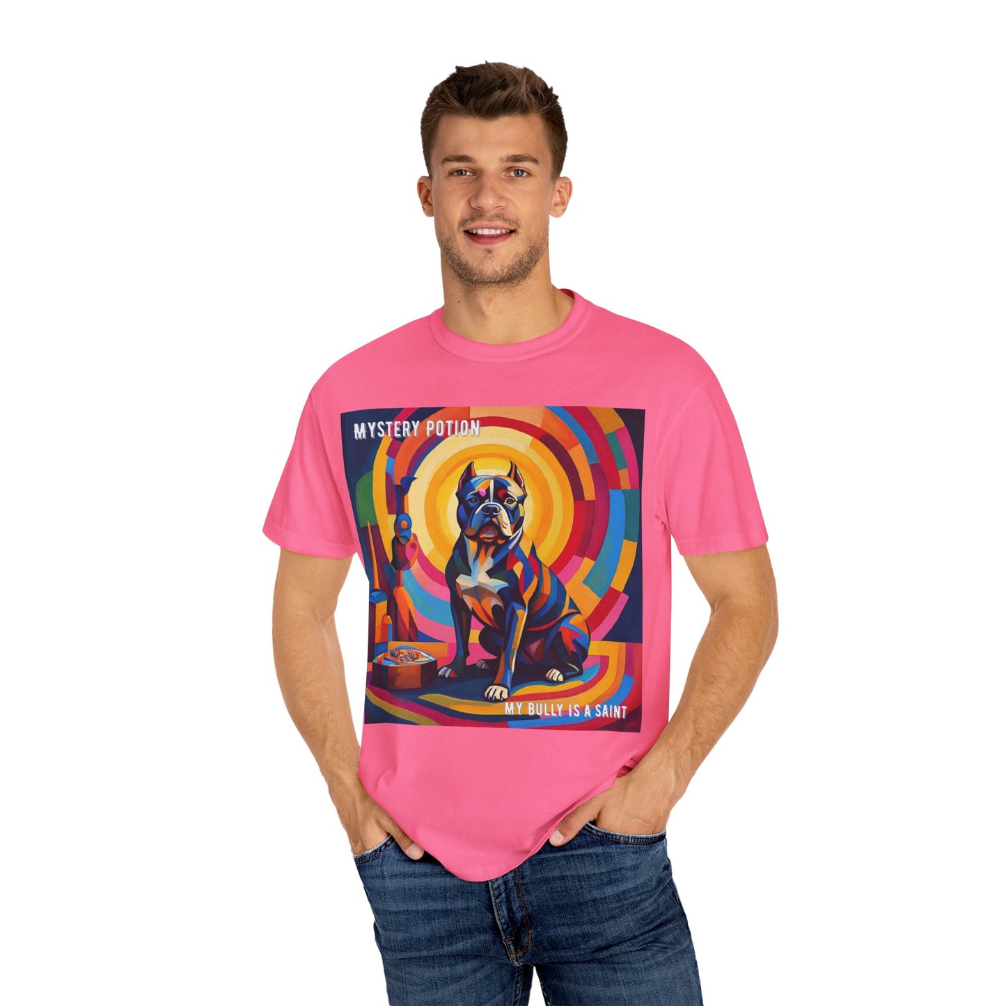 'My Bully Is A Saint' by Mystery Potion Colorful Dog Art T-shirt, Unisex Graphic Tee by Mystery Potion, Perfect for Pet Lovers, Comfy Casual Wear, Great Gift for Dog Lovers