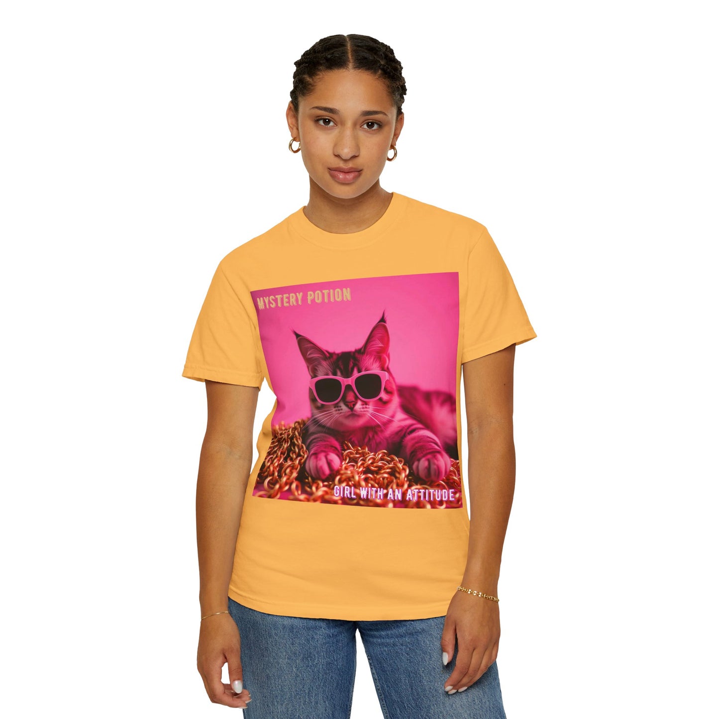 'Girl With An Attitude' by Mystery Potion, Cool Cat T-shirt, Fun Cat Tee, Gift for Cat Lovers, Casual Wear, Unique Fashion Statement, Attitude T-shirt