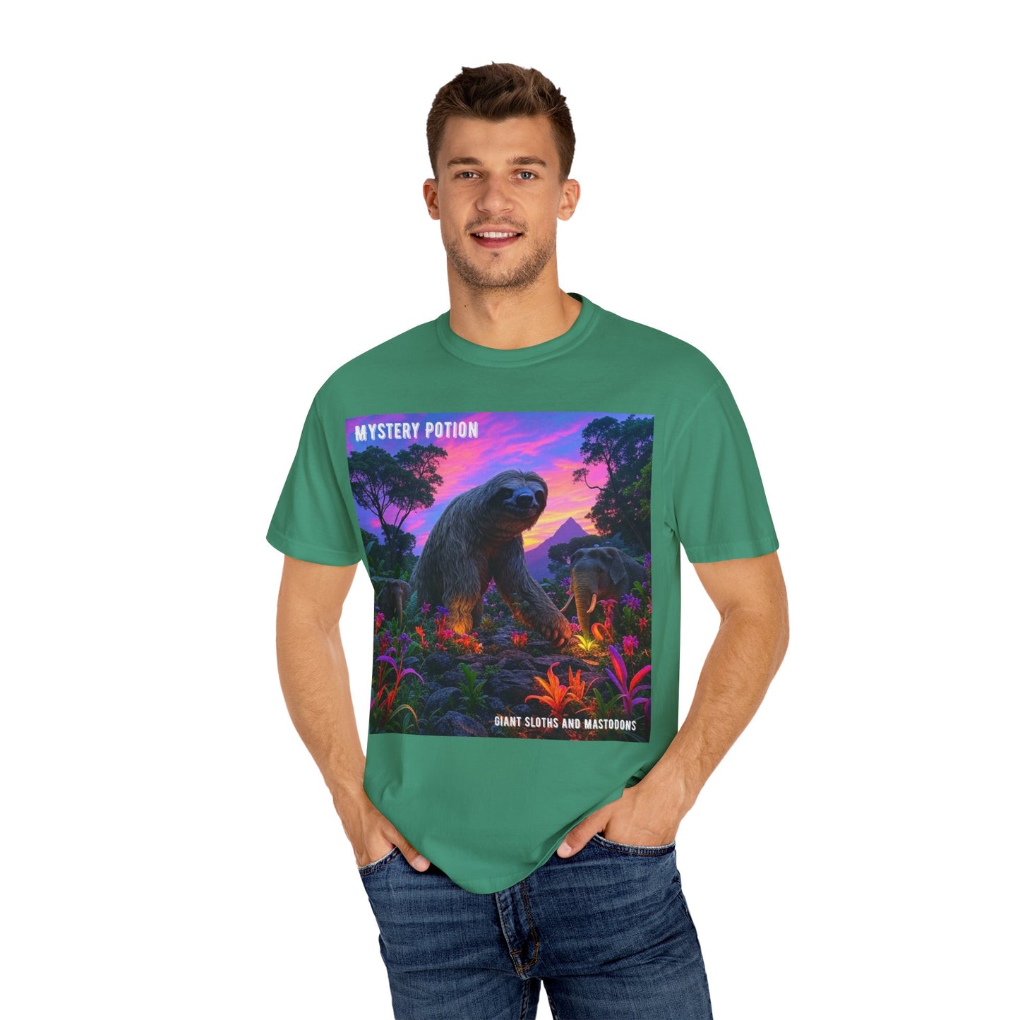 Mystery Potion's Giant Sloths and Mastodons Graphic T-Shirt | Unisex Garment-Dyed Tee for Nature Lovers, Unique Gift, Festival Wear, Prehistoric Design