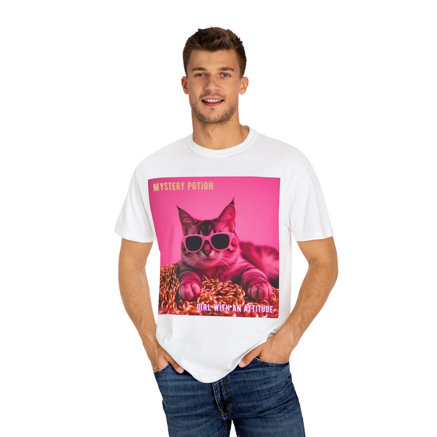 'Girl With An Attitude' by Mystery Potion, Cool Cat T-shirt, Fun Cat Tee, Gift for Cat Lovers, Casual Wear, Unique Fashion Statement, Attitude T-shirt