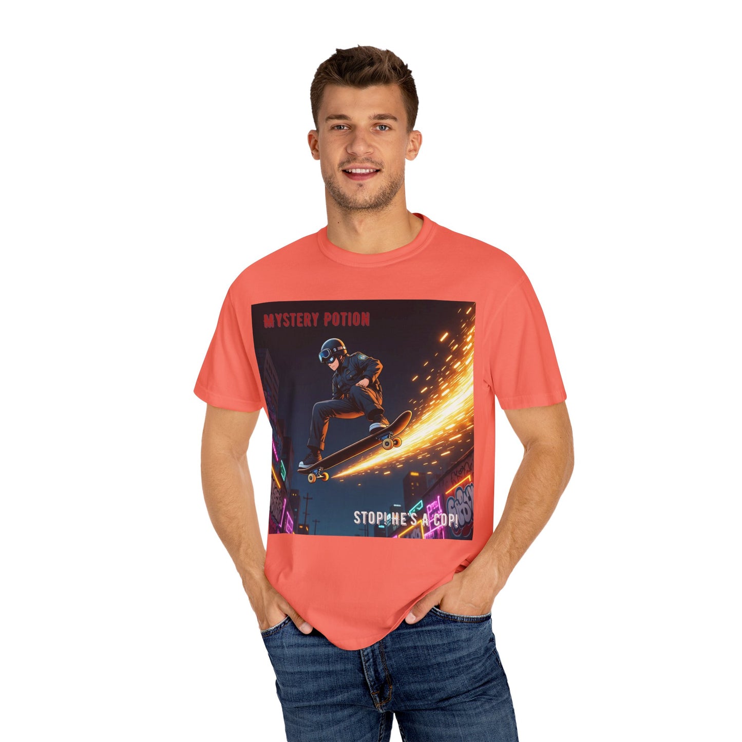 'Stop! He's A Cop!' by Mystery Potion, Skateboard Hardcore Punk T-shirt, Cozy Graphic Tee, Perfect Gift for Skaters, Unisex Streetwear Shirt, Trendy Casual Wear