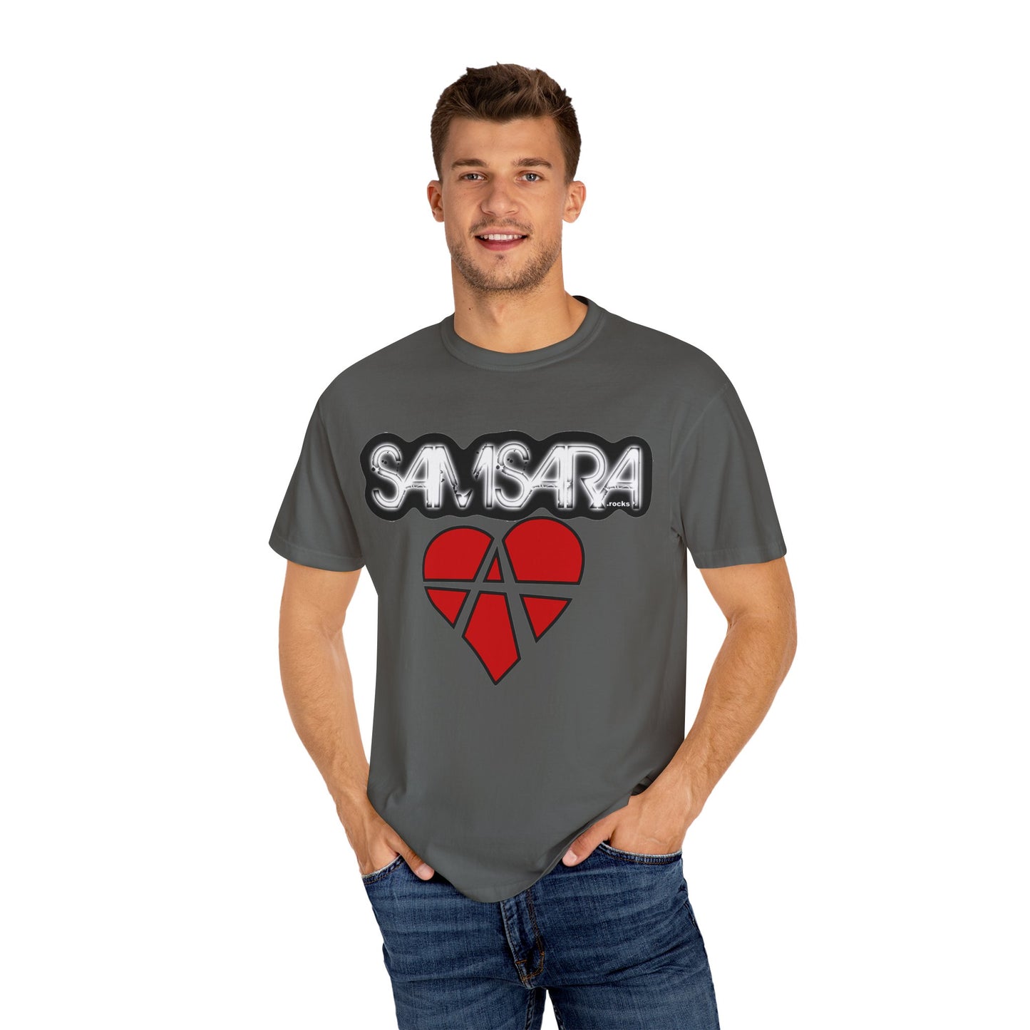 'Samsara Rocks' Logo, Love and Anarchy Graphic Tee | Unisex Garment-Dyed T-Shirt, Casual Fashion, Heart Design, Streetwear, Gift for Him/Her