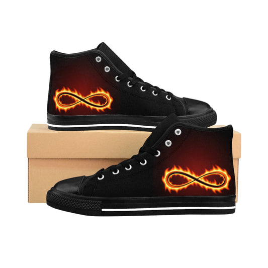 'Infinity Symbol on Fire' collection by Izak, Men's Classic Sneakers with Fiery Infinity Design | Trendy High-Top Shoes, Unique Sneakers, Cool Footwear, Gift for Him, Casual Style