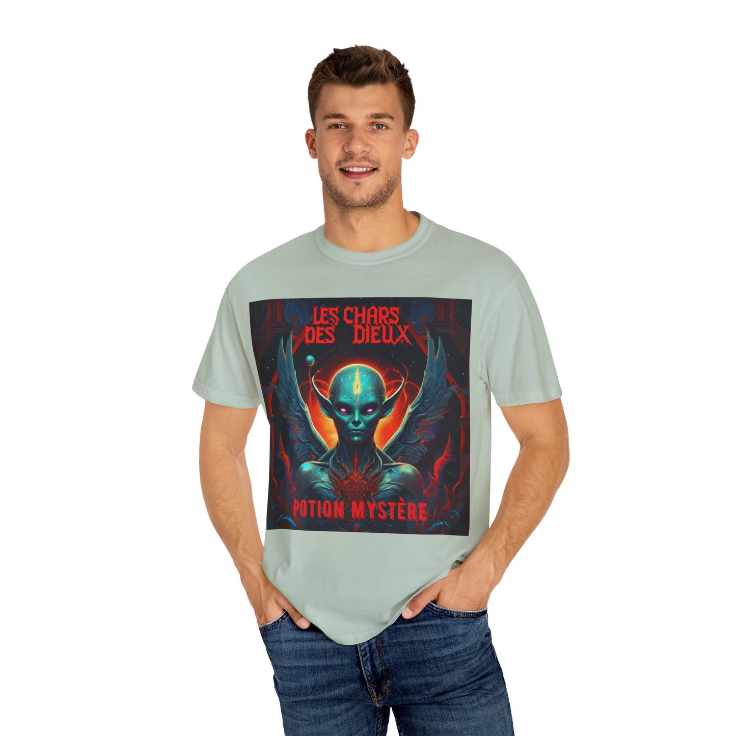 'Les Chars des Dieux' par Potion Mystère, Mystical Alien Graphic T-Shirt | Unisex Tee for Sci-Fi Lovers, Unique Gift for Halloween, Cosmic Vibes, Statement Shirt, Trendy Fashion