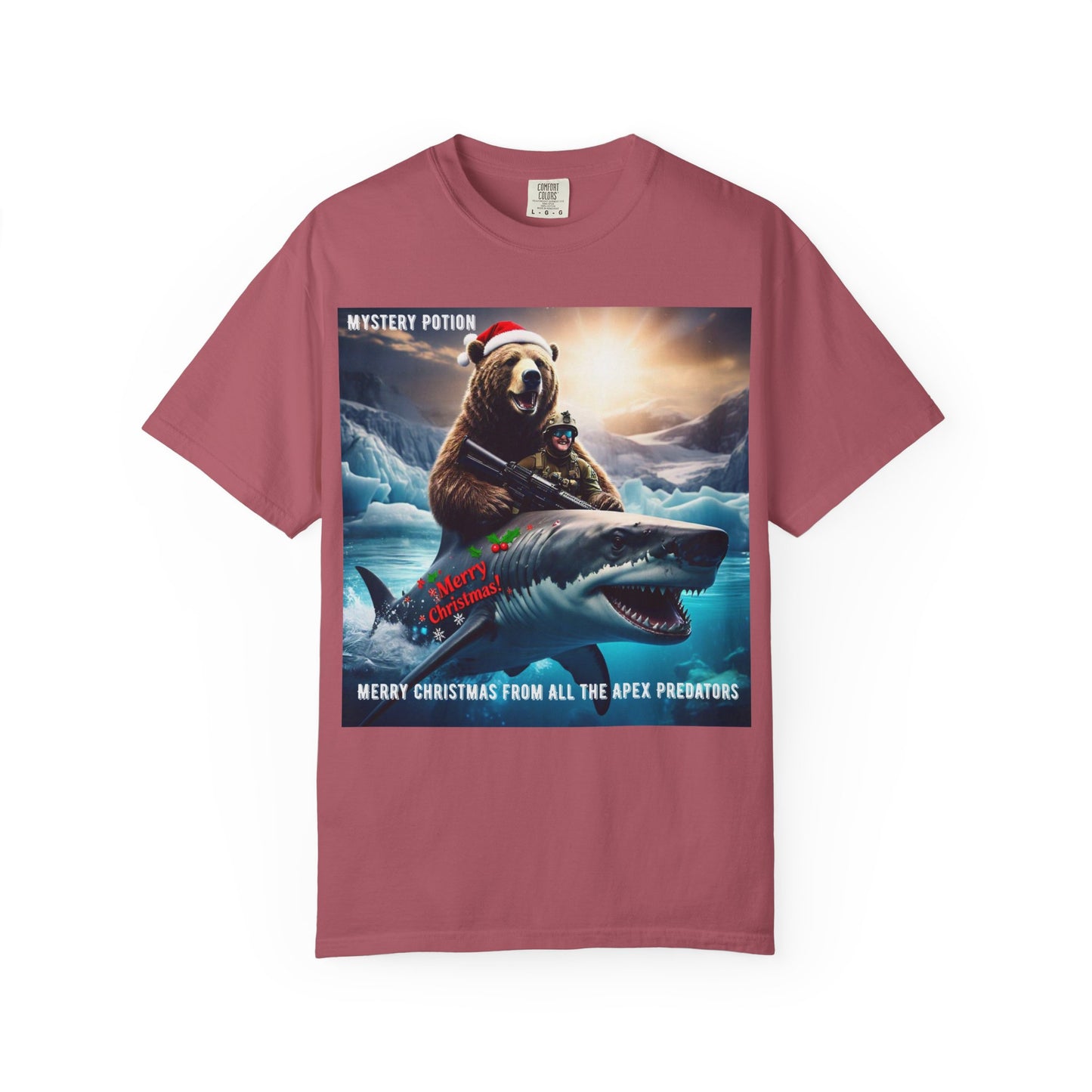 X-mas Humor T-Shirt "Merry Christmas from All the Apex Predators", Unisex Garment-Dyed Tee, Funny Holiday Shirt, Gift for Friends, Outdoor Adventure Wear, Novelty Apparel