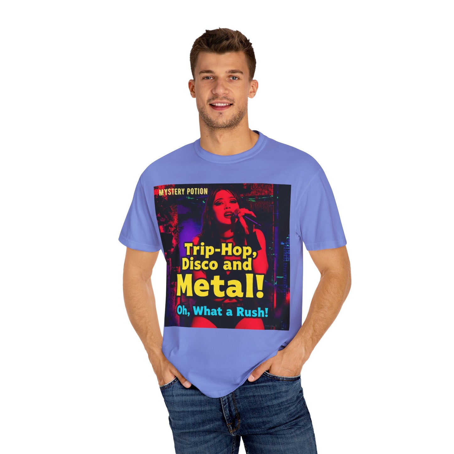 Trip Hop, Disco and Metal! Oh, What a Rush Vibrant Music-Themed Unisex T-shirt | Perfect Gift for Music Lovers, Concert Attendees, Band Merch, Festival Apparel, and Casual Wear