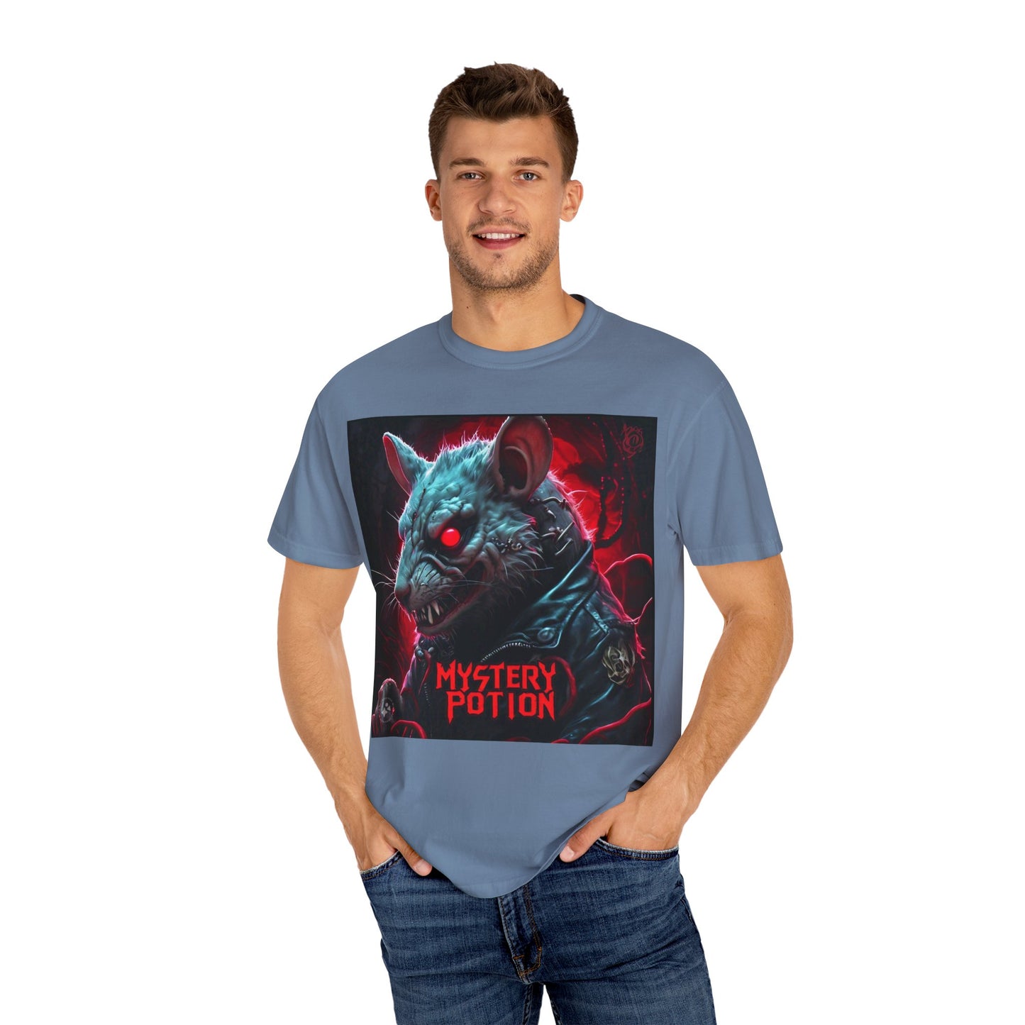 'Mystery Potion' Punk Rock Rat in Leather Jacket T-shirt, Rocker Tee, Original Logo