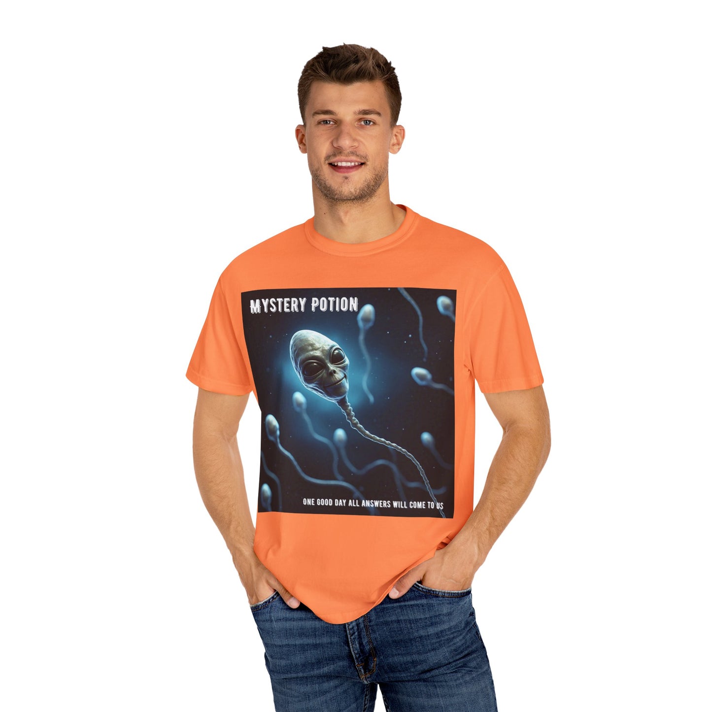 'One Good Day All Answers Will Come To Us' by Mystery Potion, Alien Sperm Tee, Unisex Graphic T-Shirt, Fun Gift for Space Lovers, Cool Casual Wear, Sci-Fi Fashion, Unique Statement Piece