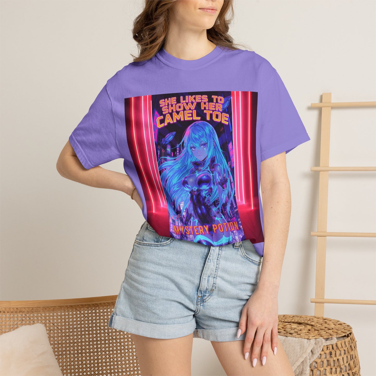 Anime Neon Tee — "She Likes to Show Her Camel Toe" Graphic T-Shirt