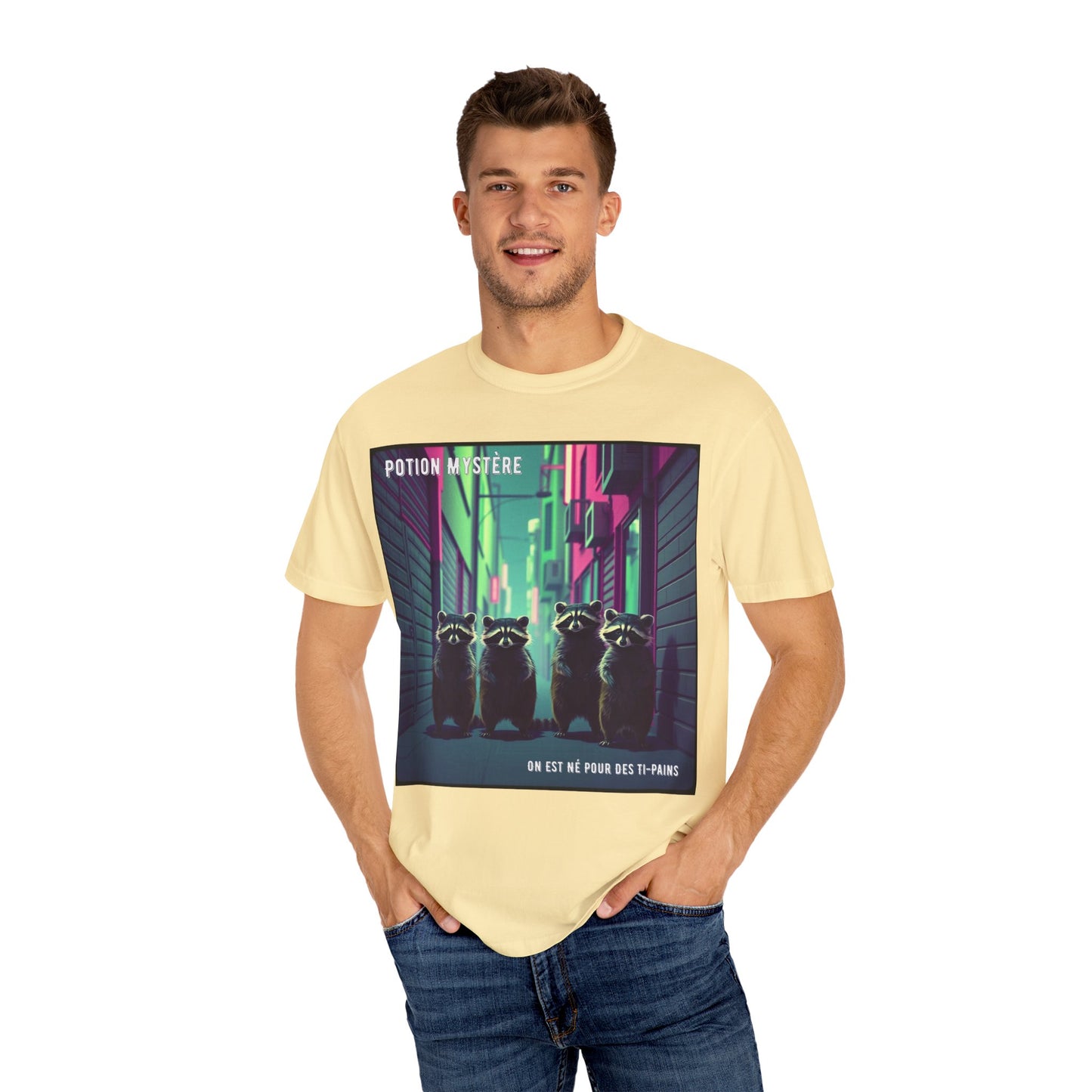 'On Est Né Pour Des Ti Pains' par Potion Mystère, Racoons Graphic Tee for Nature Lovers, Unisex Shirt for Pop Punk Song, Gift for Gamers, Casual Wear, Eco-Friendly Apparel