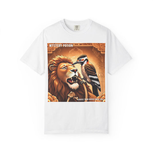 Mystical Lion & Bird T-Shirt | Unique Graphic Tee, Unisex Apparel, Gift for Nature Lovers, Bohemian Style, Festival Wear