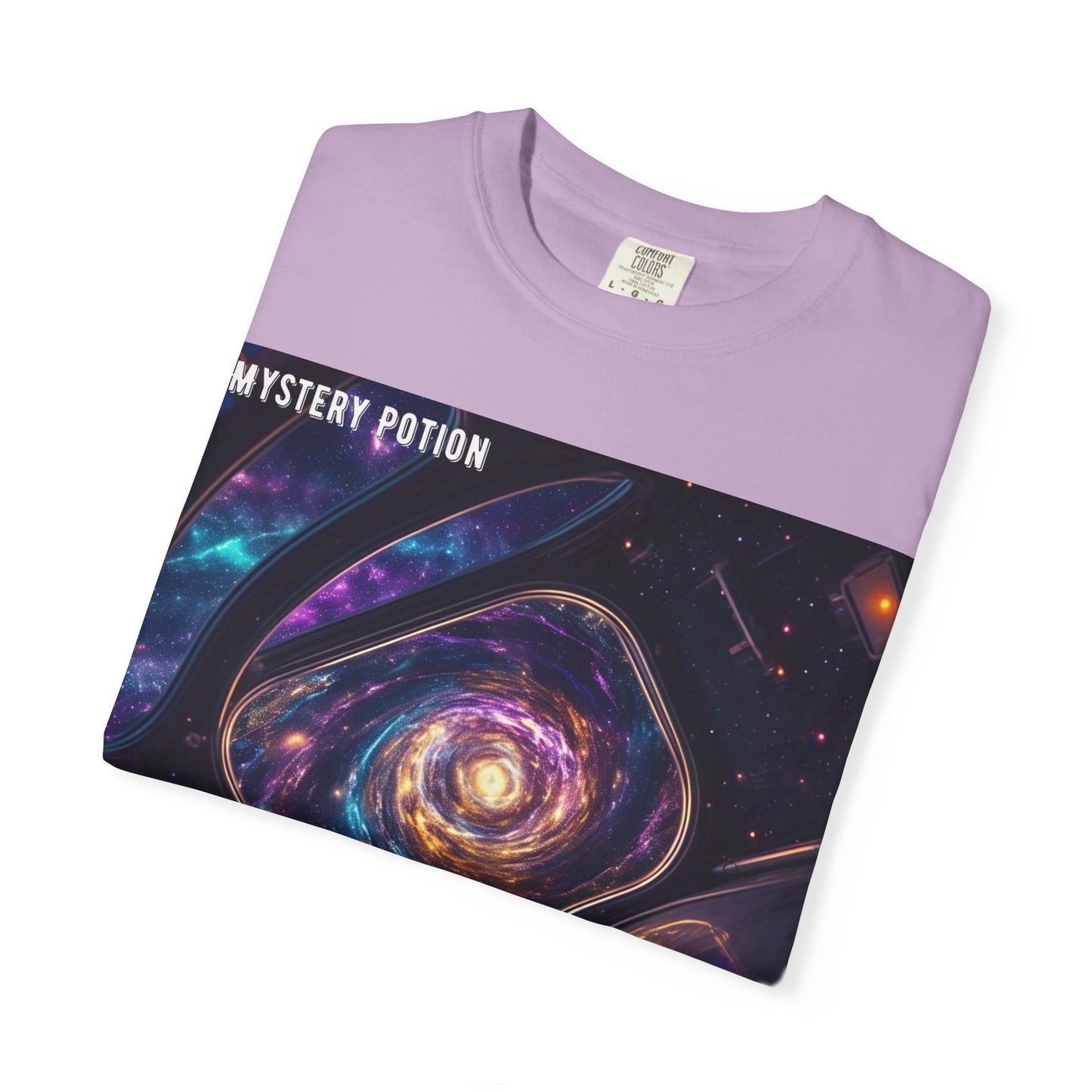 Cosmic Themed Mystery Potion Unisex Garment-Dyed T-shirt, Mystical Tee, Galaxy Shirt, Space Art Apparel, Unique Gift for Event Horizon Stargazers