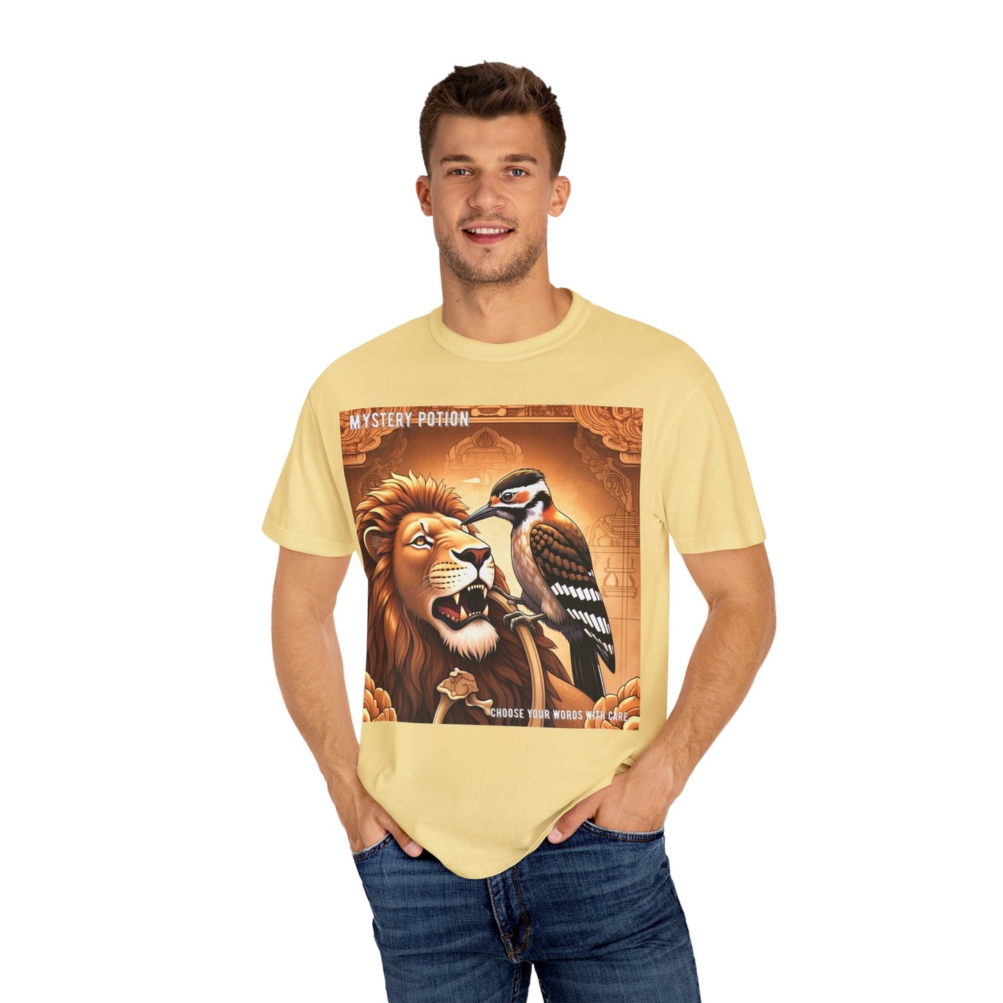 Mystical Lion & Bird T-Shirt | Unique Graphic Tee, Unisex Apparel, Gift for Nature Lovers, Bohemian Style, Festival Wear
