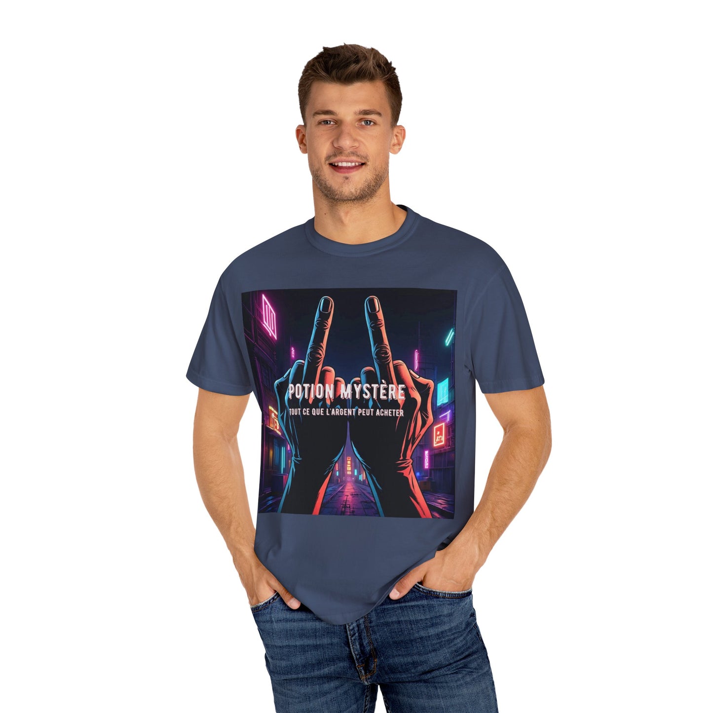 'Tout Ce Que L'Argent Peut Acheter' par Potion Mystère, Two Fingers Up Unisex T-Shirt with Artistic Graphic Design, Casual Wear, Streetwear Style, Gift for Art Lovers, Unique Graphic Tee, [...]