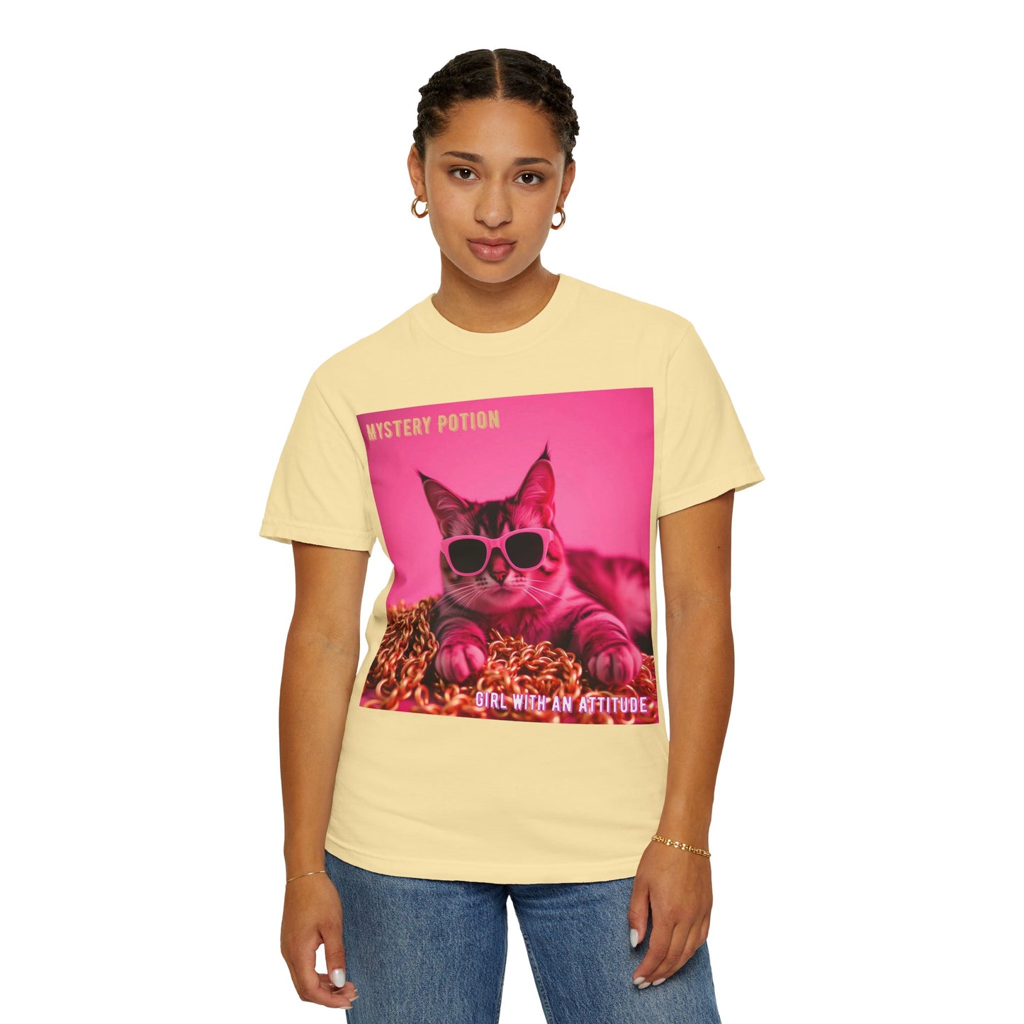 'Girl With An Attitude' by Mystery Potion, Cool Cat T-shirt, Fun Cat Tee, Gift for Cat Lovers, Casual Wear, Unique Fashion Statement, Attitude T-shirt