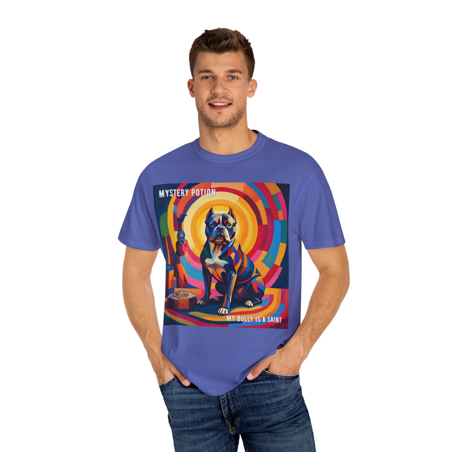 'My Bully Is A Saint' by Mystery Potion Colorful Dog Art T-shirt, Unisex Graphic Tee by Mystery Potion, Perfect for Pet Lovers, Comfy Casual Wear, Great Gift for Dog Lovers