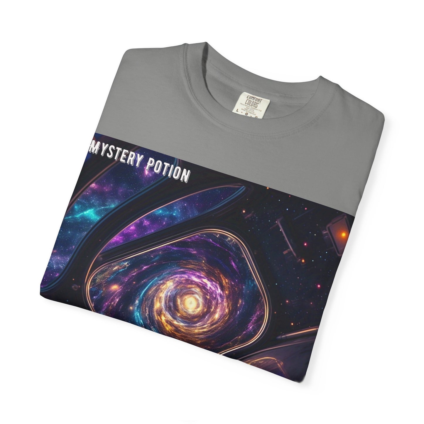 Cosmic Themed Mystery Potion Unisex Garment-Dyed T-shirt, Mystical Tee, Galaxy Shirt, Space Art Apparel, Unique Gift for Event Horizon Stargazers