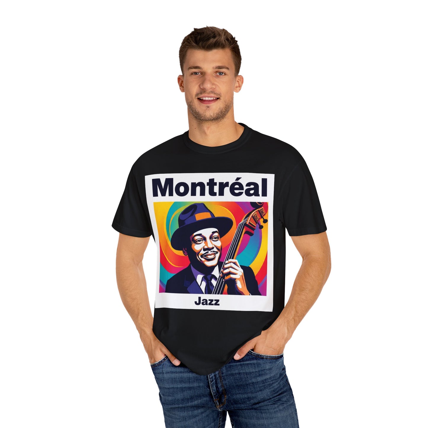 Vibrant Jazz T-Shirt with Montréal Design | Unisex Garment-Dyed Tee for Music Lovers, Concerts, Festivals, Gift Idea, Casual Wear
