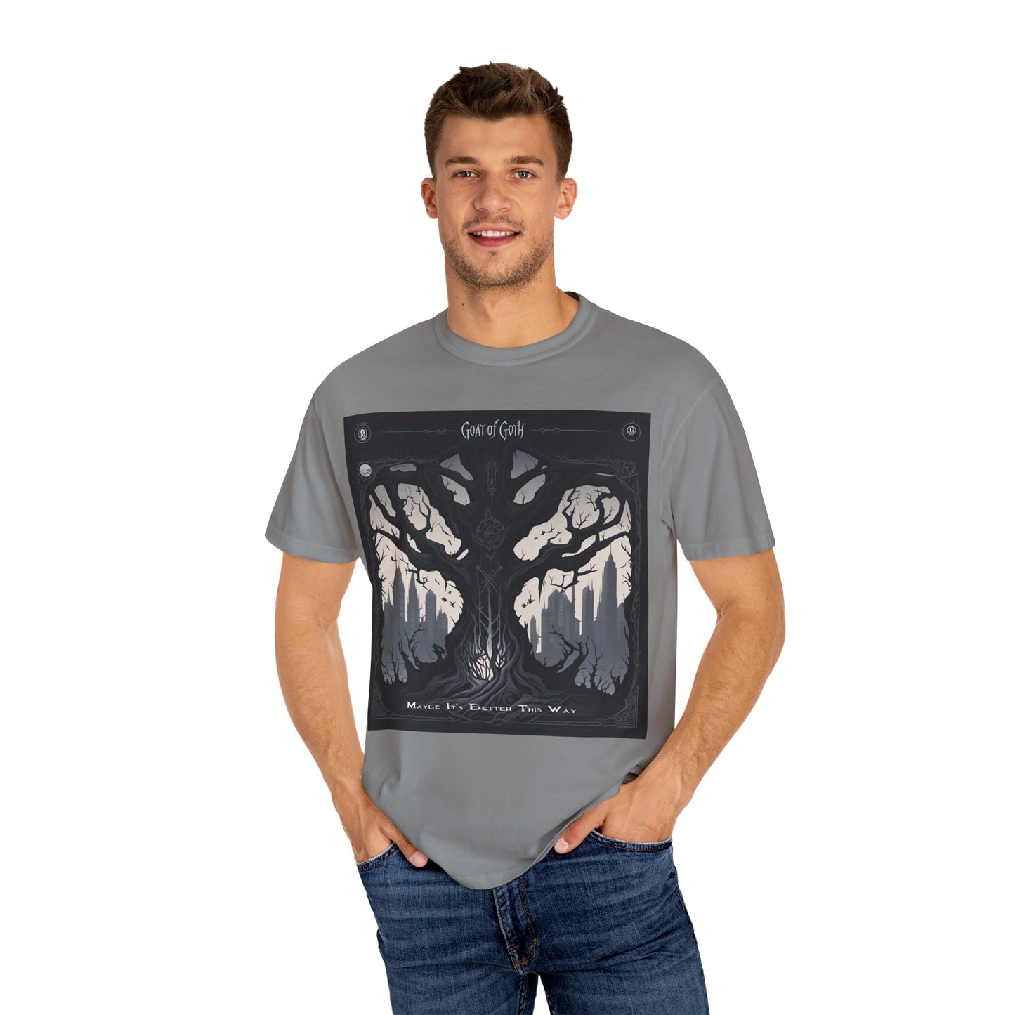 Gothic Tree T-Shirt, GOAT of Goth Unisex Cotton Tee for Nature Lovers, Unique Graphic Tee, Perfect for Festivals, Gift for Adventurers, Eco-Friendly Wear