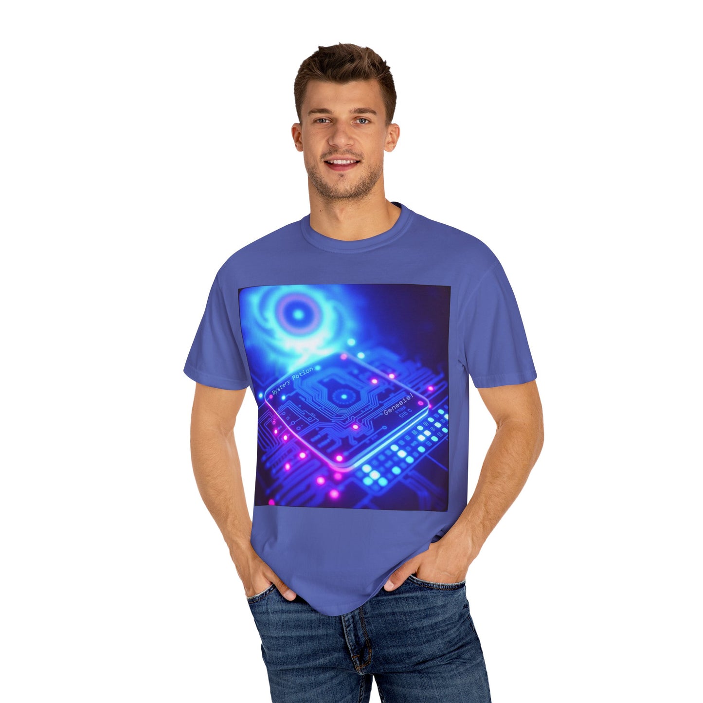 Genesis by Mystery Potion, Tech-Inspired Unisex Garment-Dyed T-Shirt, Unique Gift for Tech Lovers, Festival Wear, Casual Style, Gamer Apparel, Cyberpunk Vibe